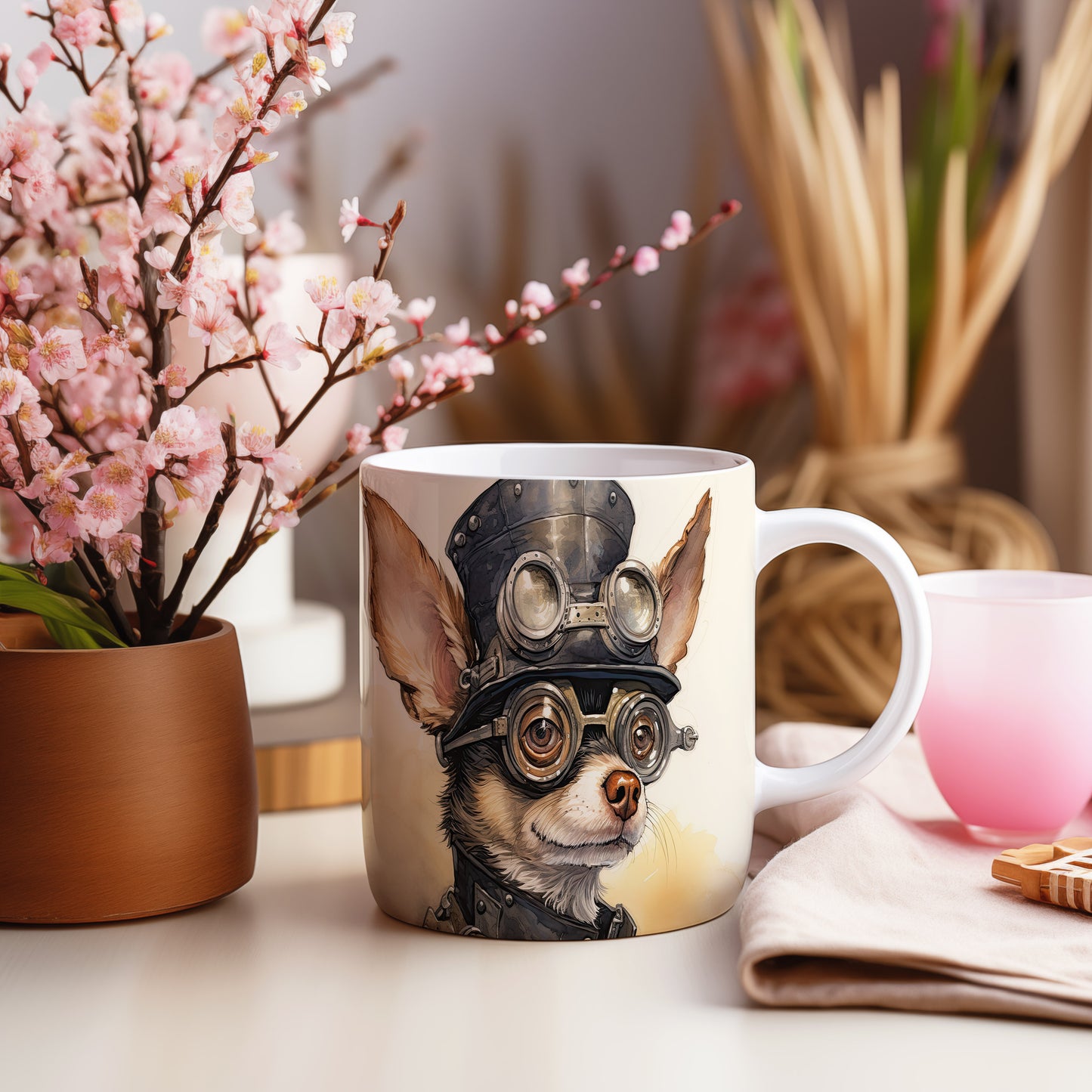 Hrnek se čivavou v brýlích a klobouku – roztomilý design