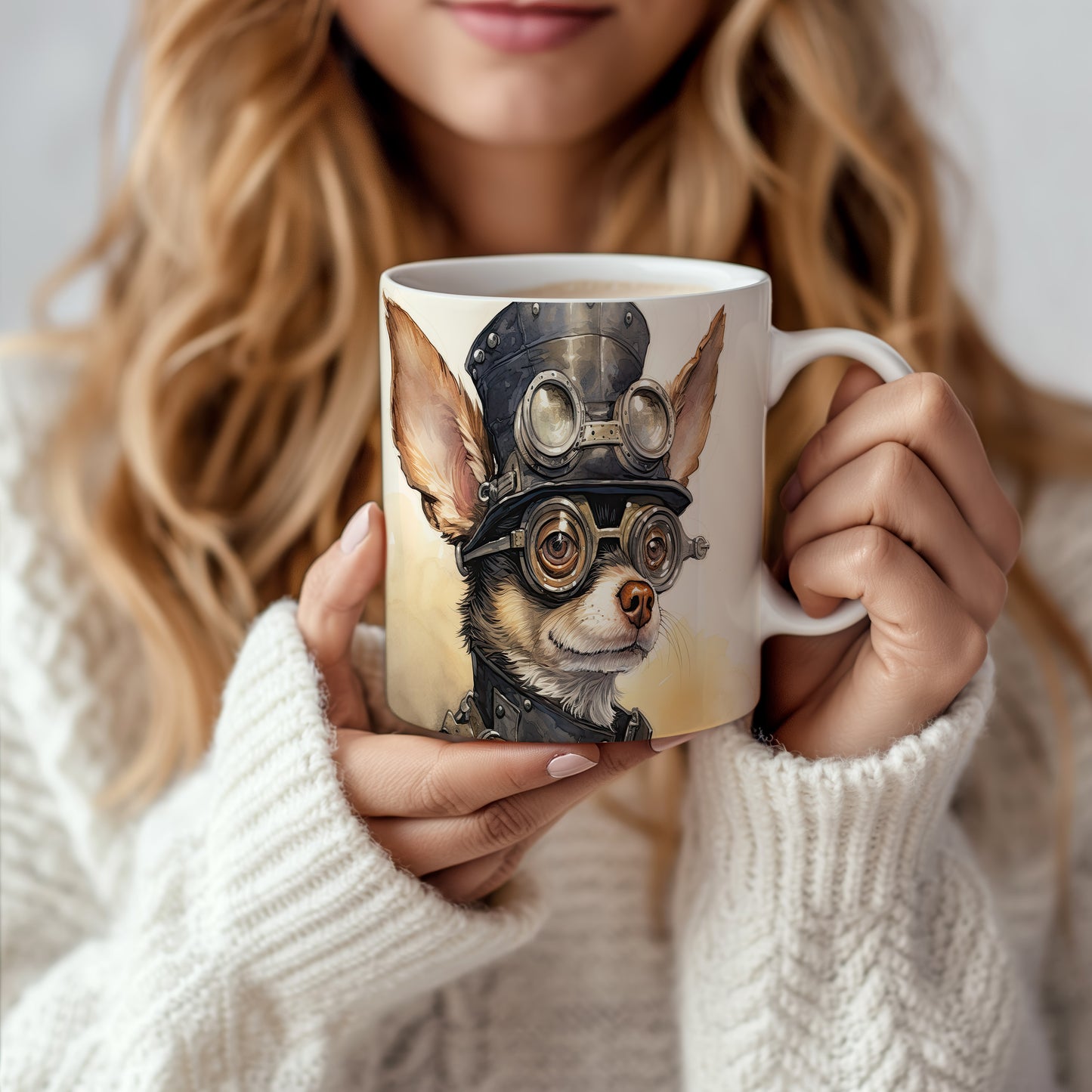 Hrnek se čivavou v brýlích a klobouku – roztomilý design