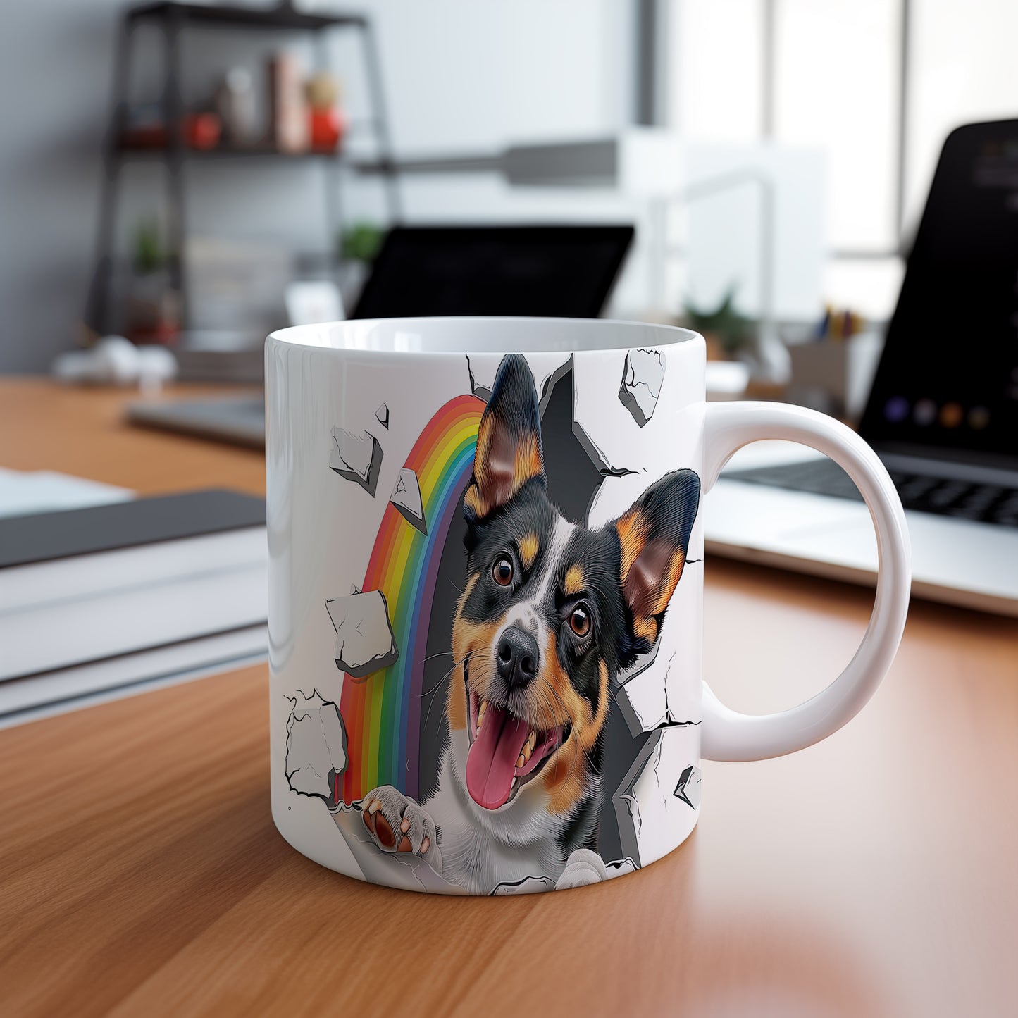 Hrnek s veselým teriérem a duhou