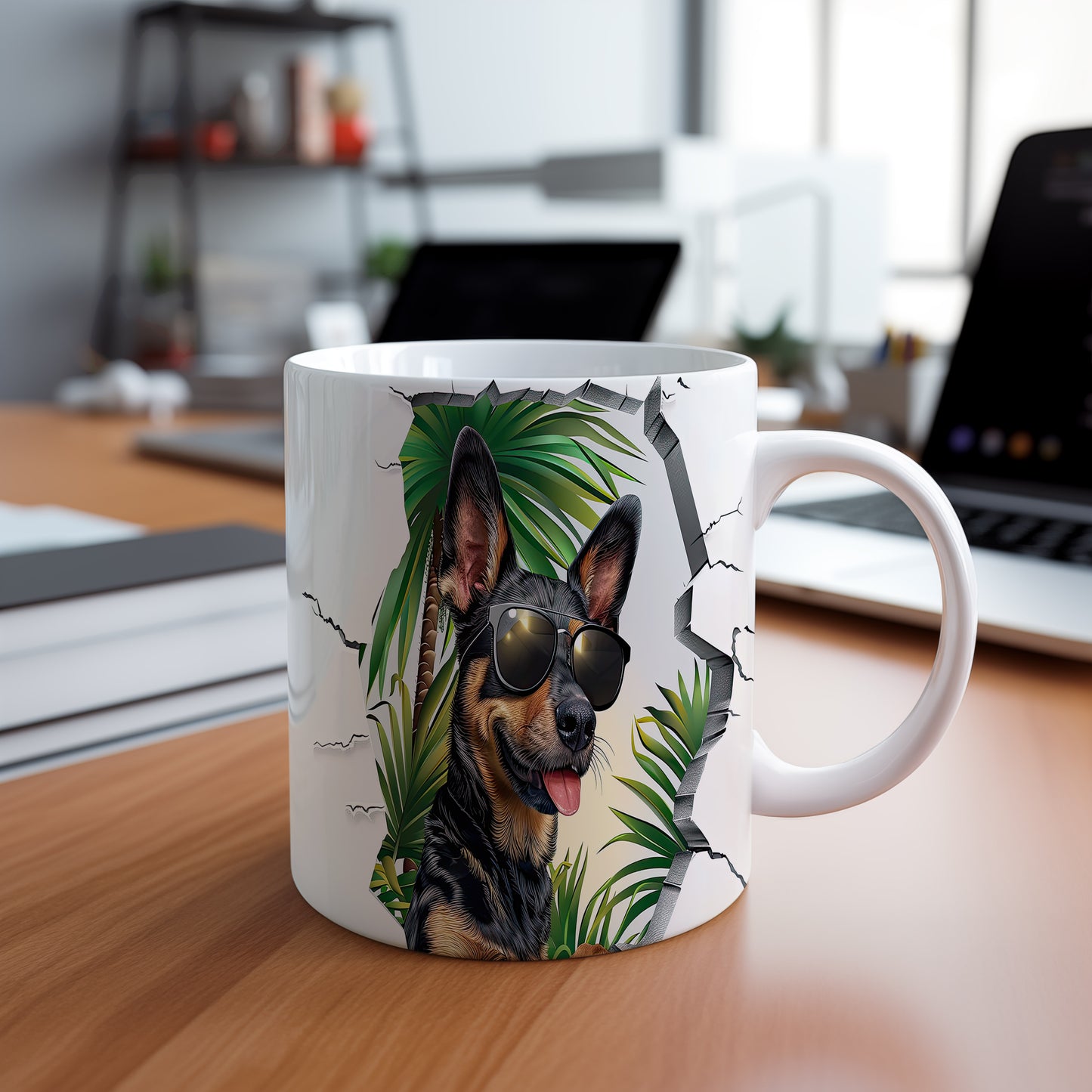 Hrnek s ovčákem a palmami ve 3D efektem