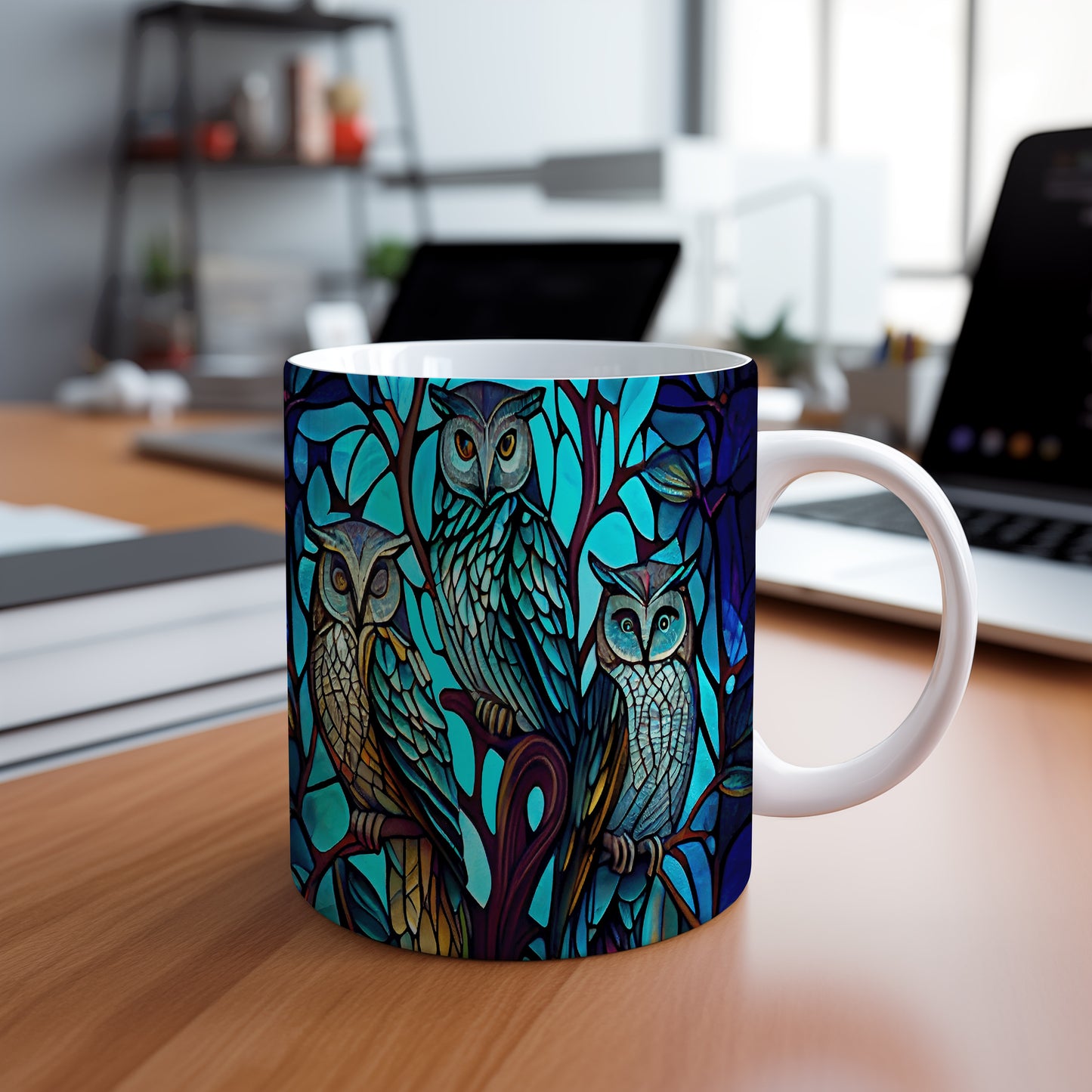 Hrnek s motivem sov na barevném pozadí