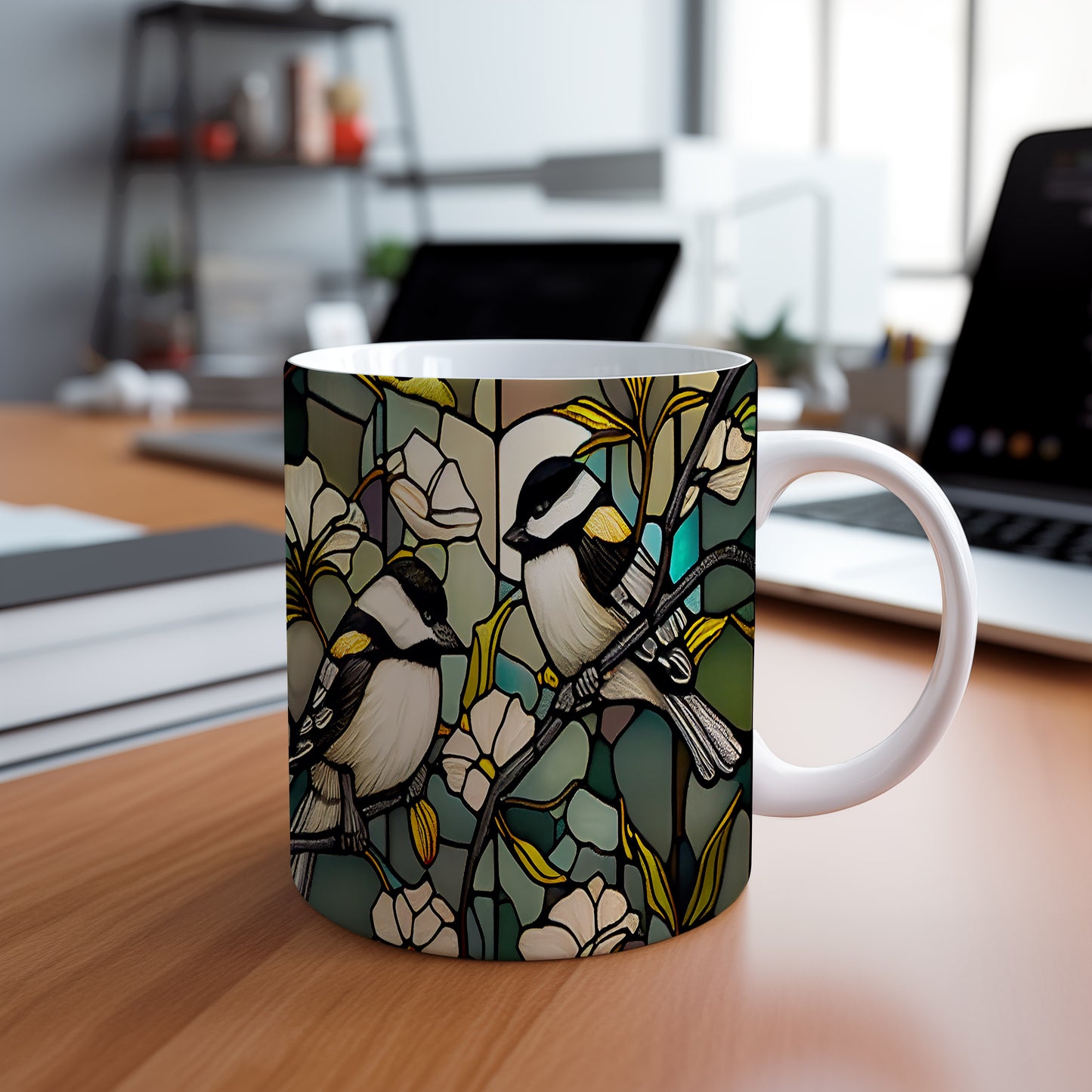 Hrnek s ptáky a květinami