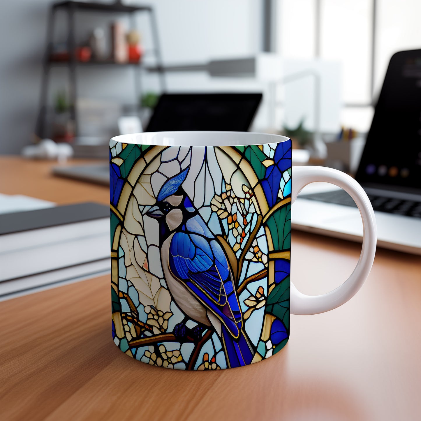 Hrnek s modrým ptákem na jemném pozadí