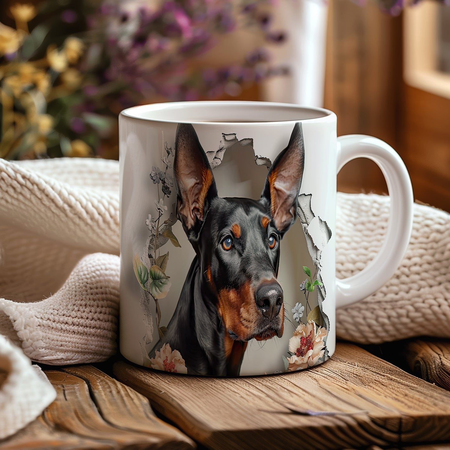 Hrnek s dobermanem a květinami