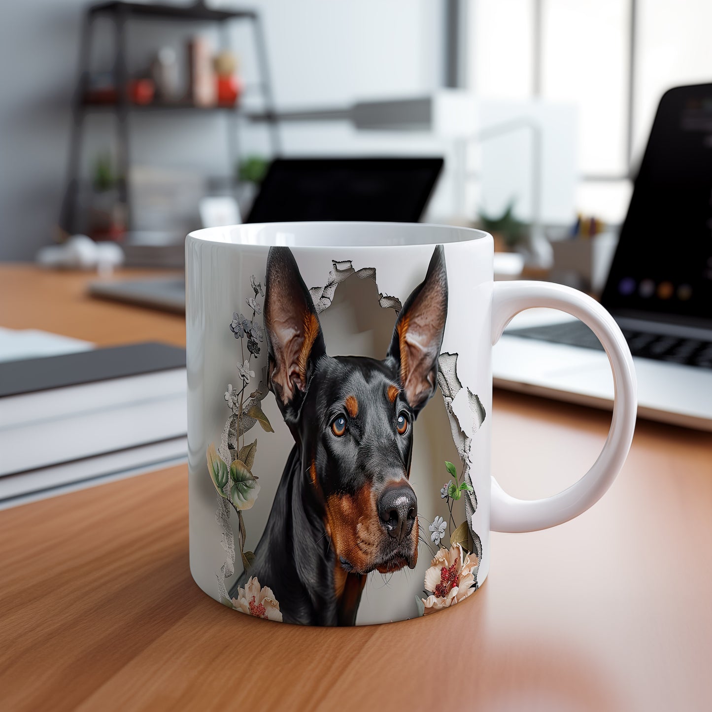 Hrnek s dobermanem a květinami