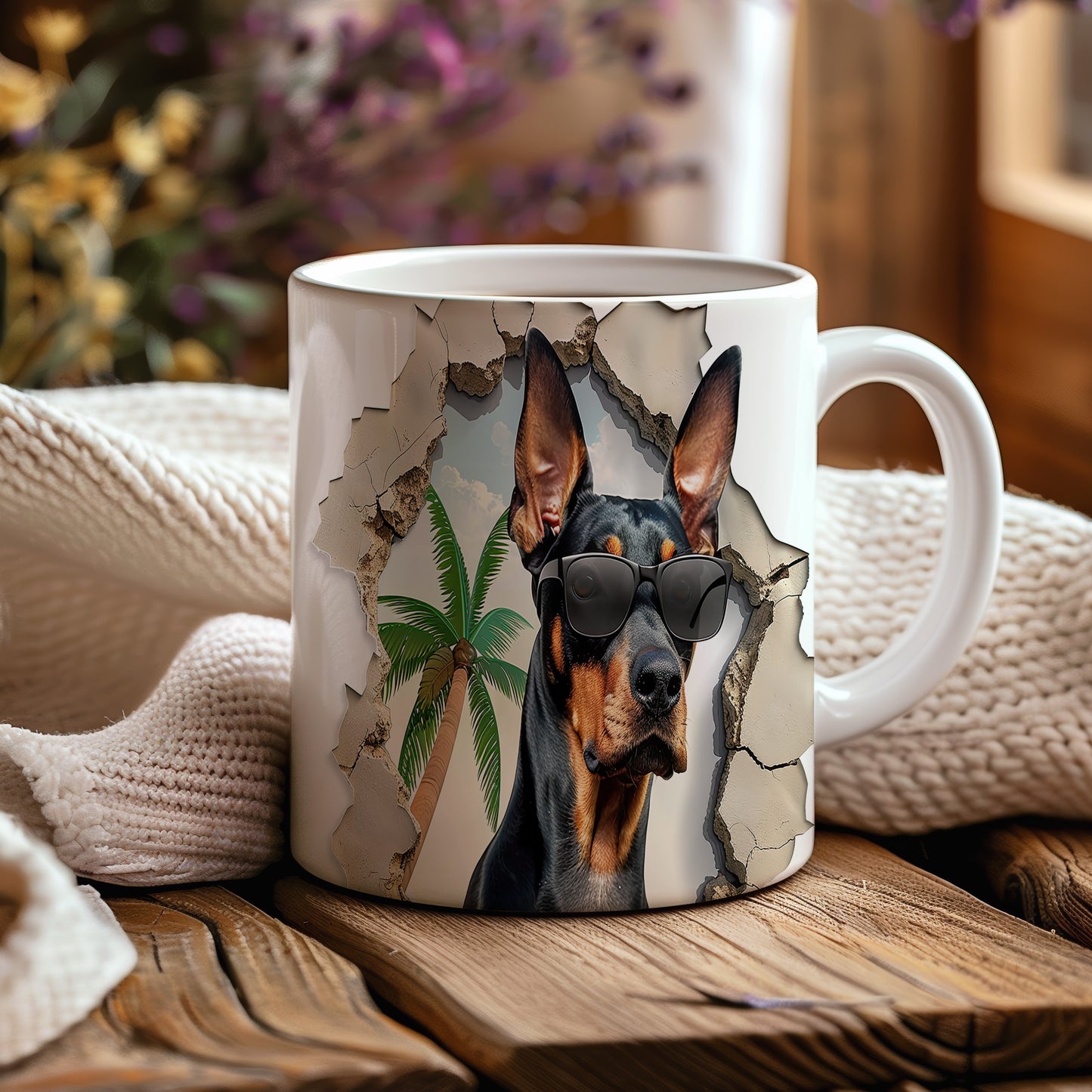 Hrnek s Dobermanem a slunečnými palmami