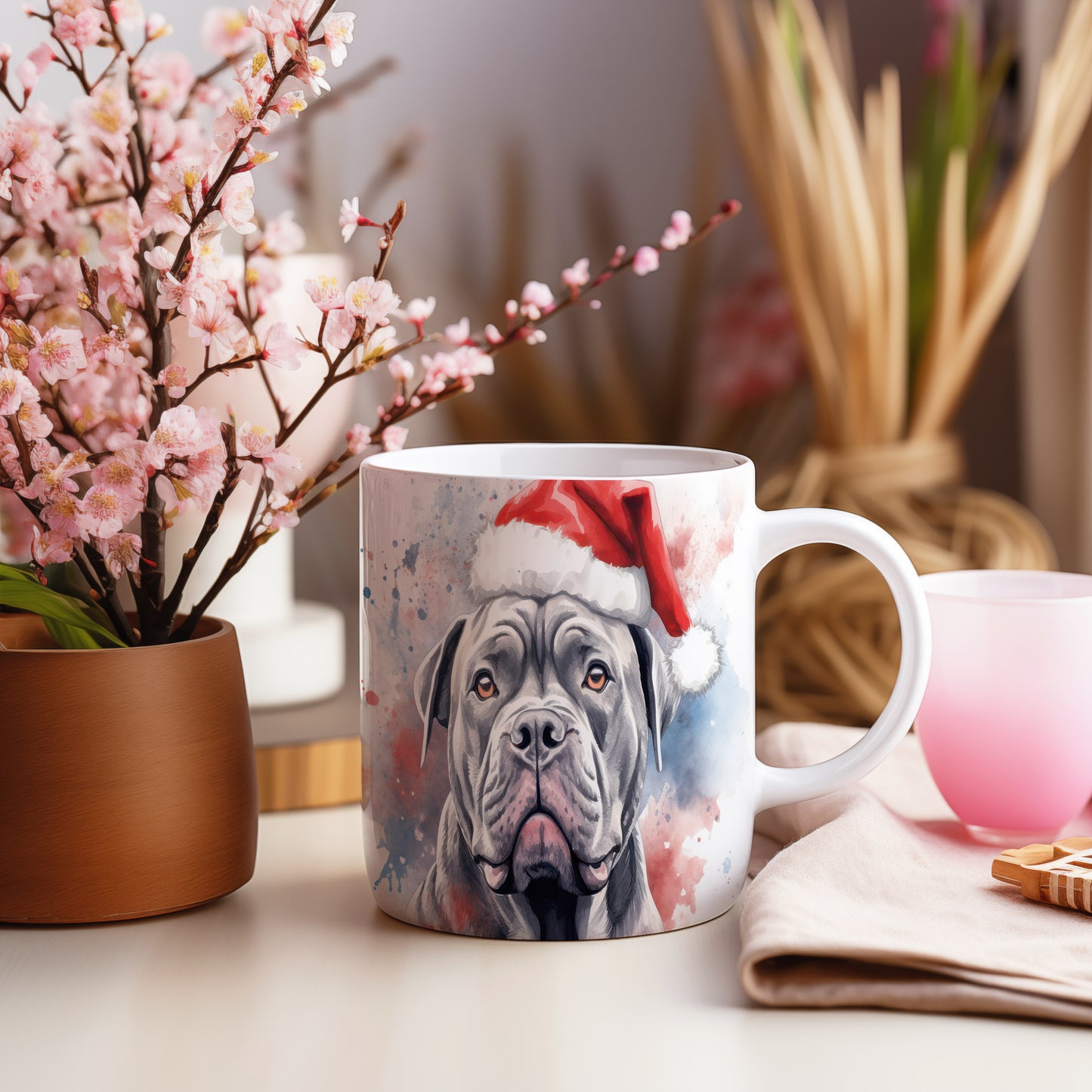 Hrnek s cane corso a vánoční čepicí
