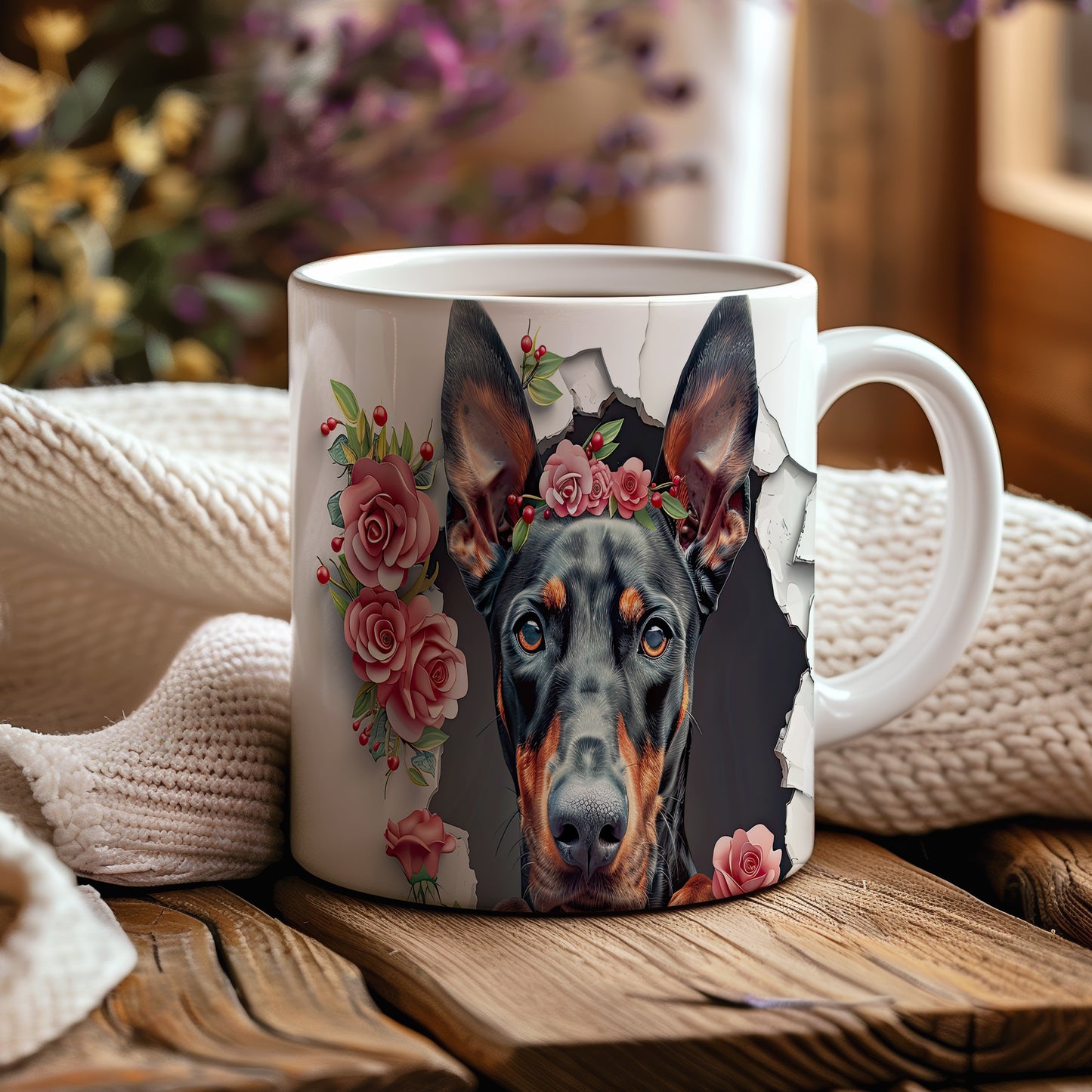 Hrnek s dobermanem a květinovou korunou
