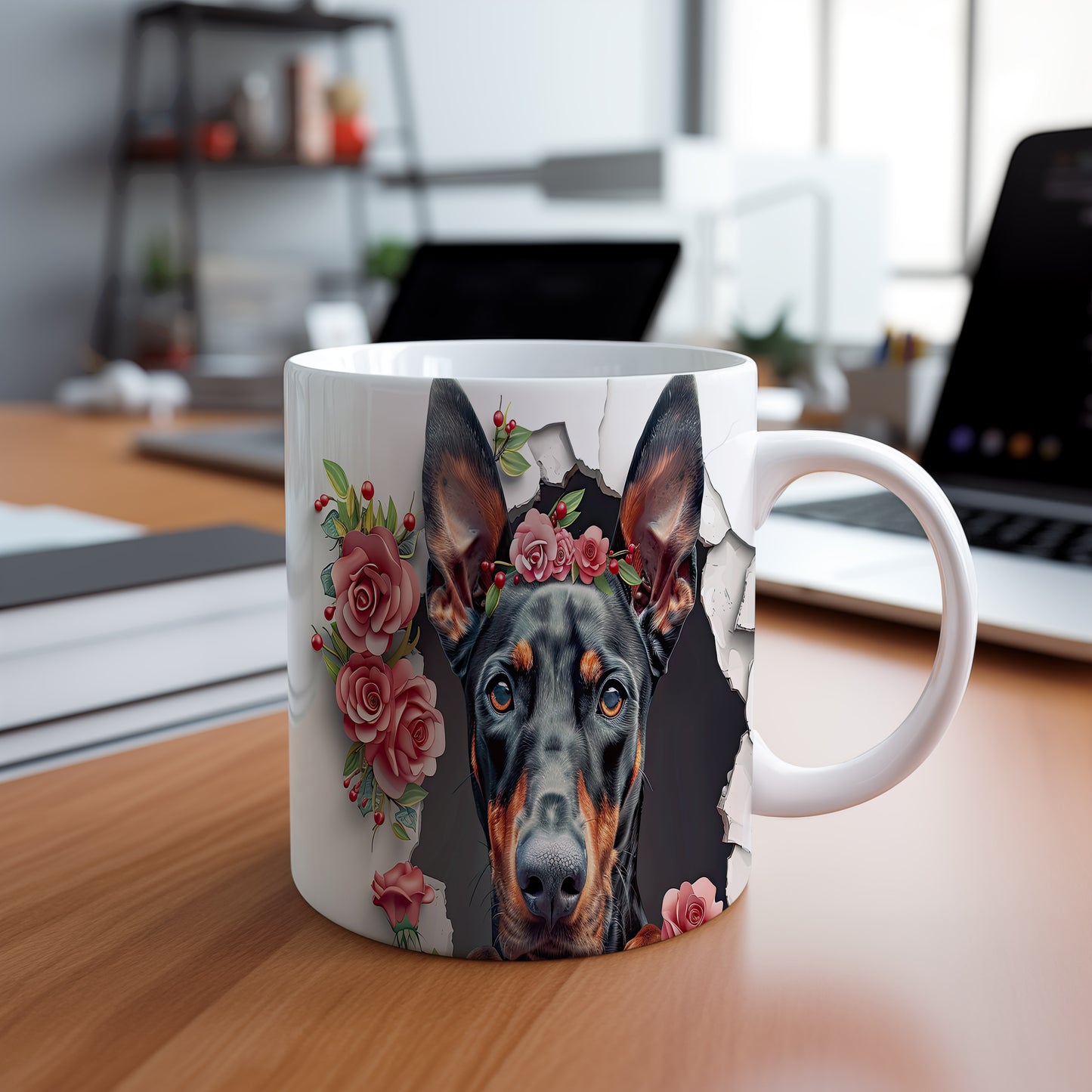 Hrnek s dobermanem a květinovou korunou