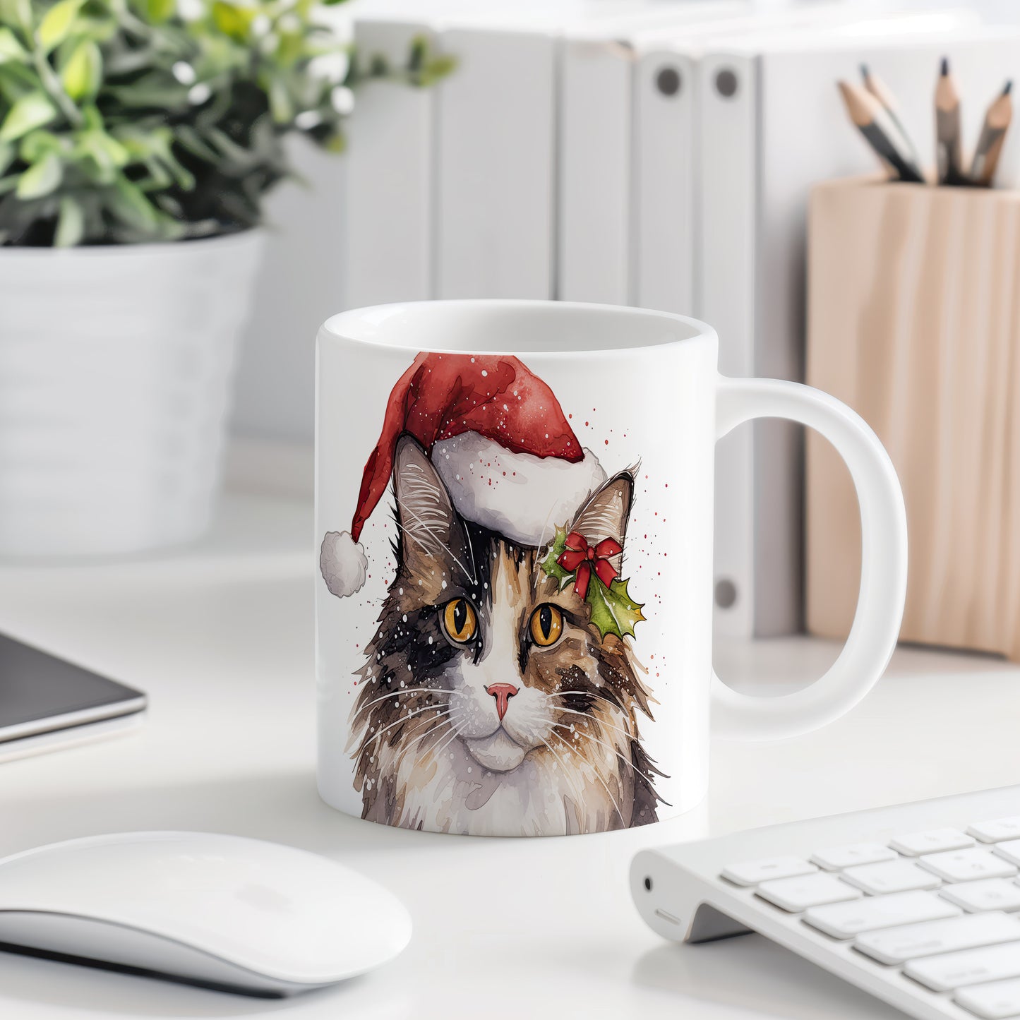 Hrnek s roztomilou kočkou v santa klobouku