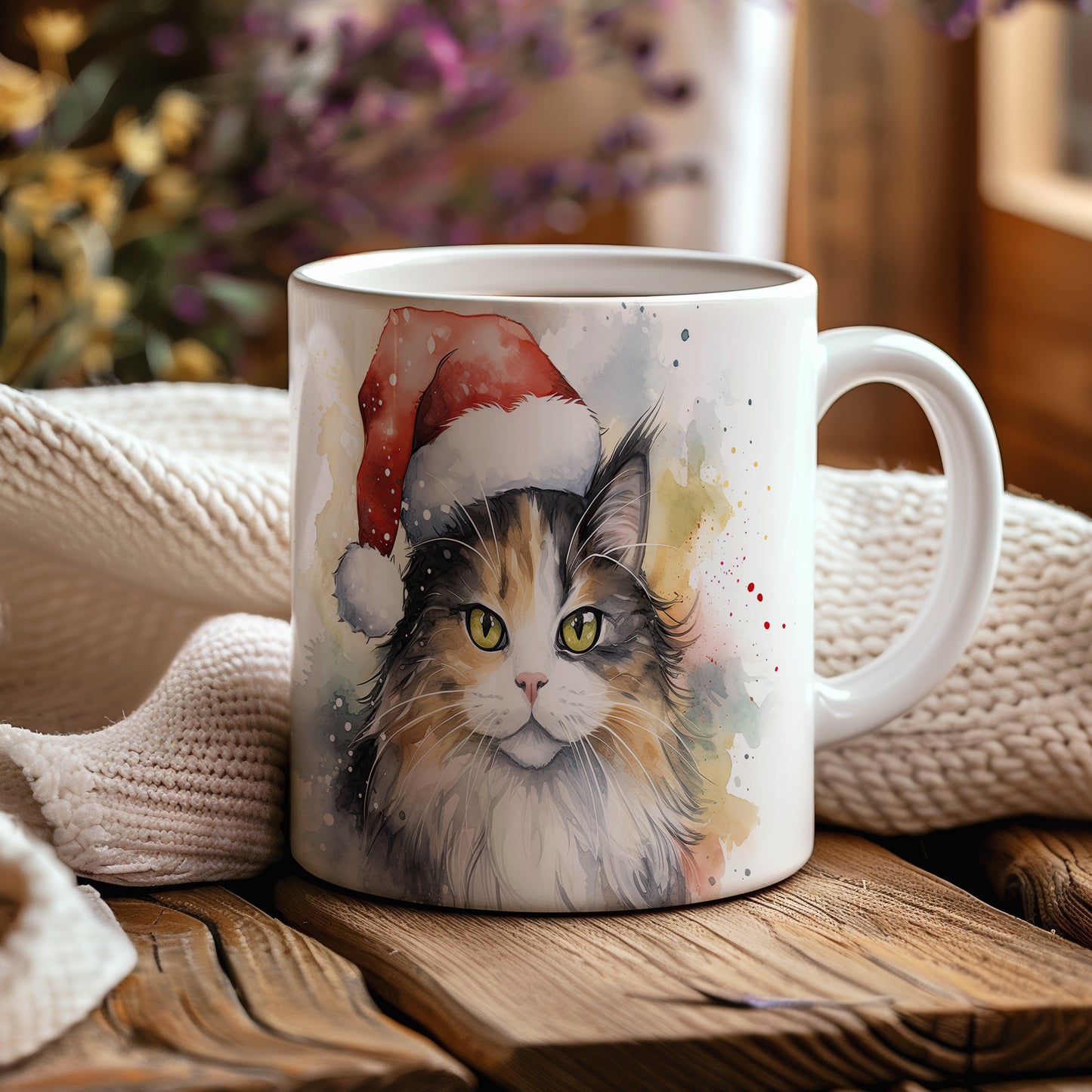 Hrnek s kočkou v čepici Santy