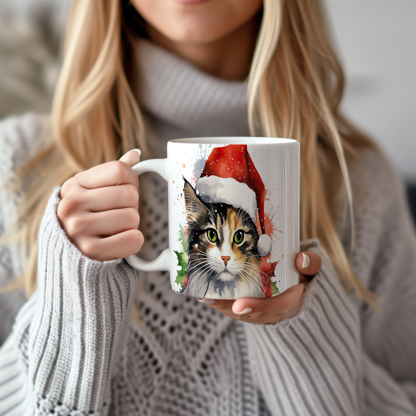 Hrnek s kočkou v čepici Santa – černobílým motivem