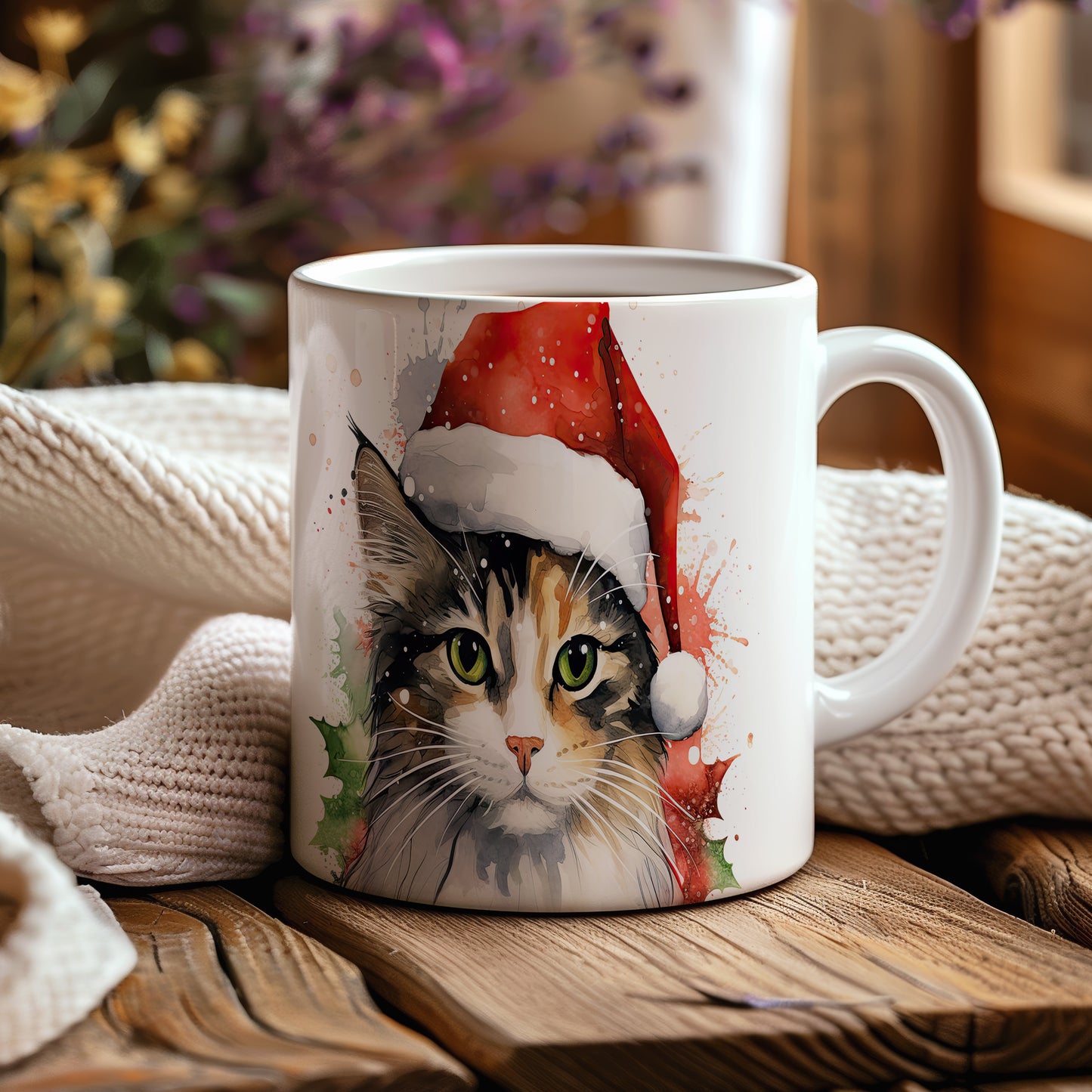 Hrnek s kočkou v čepici Santa – černobílým motivem