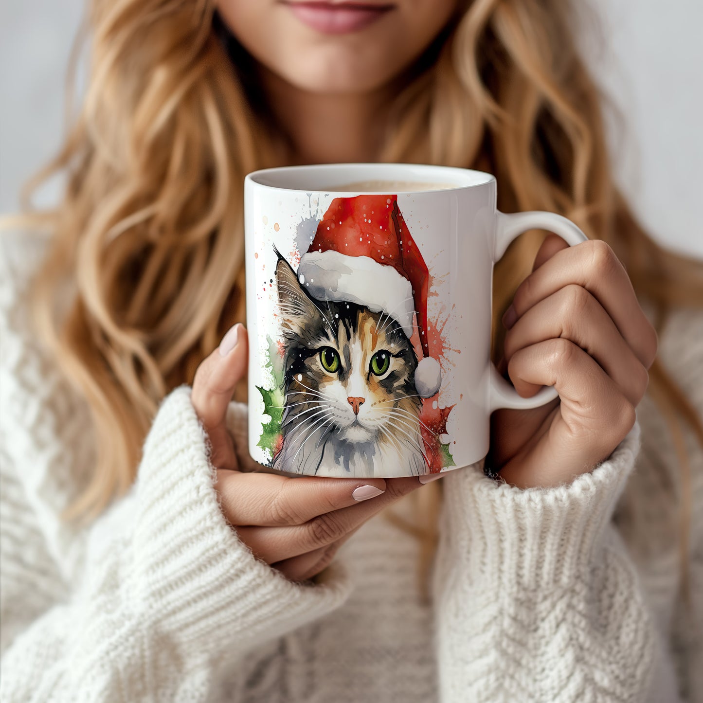Hrnek s kočkou v čepici Santa – černobílým motivem