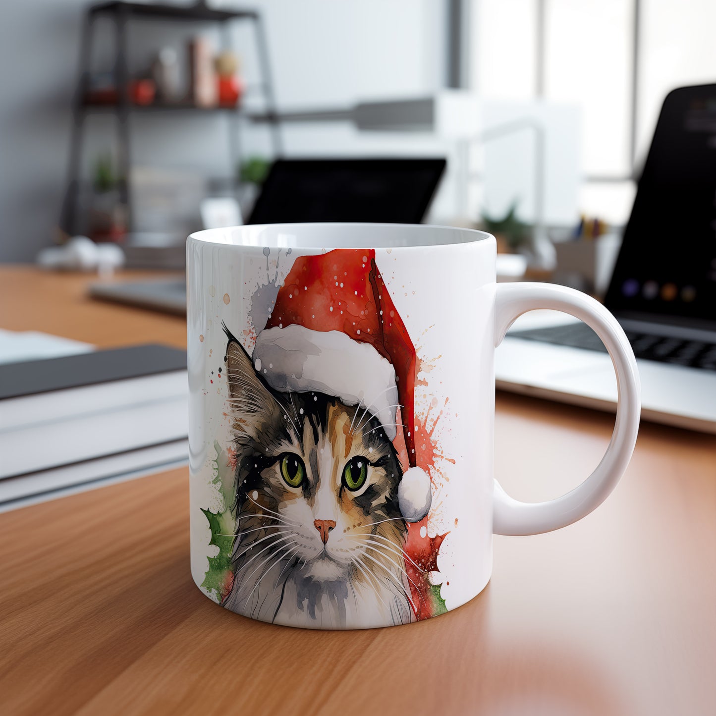Hrnek s kočkou v čepici Santa – černobílým motivem