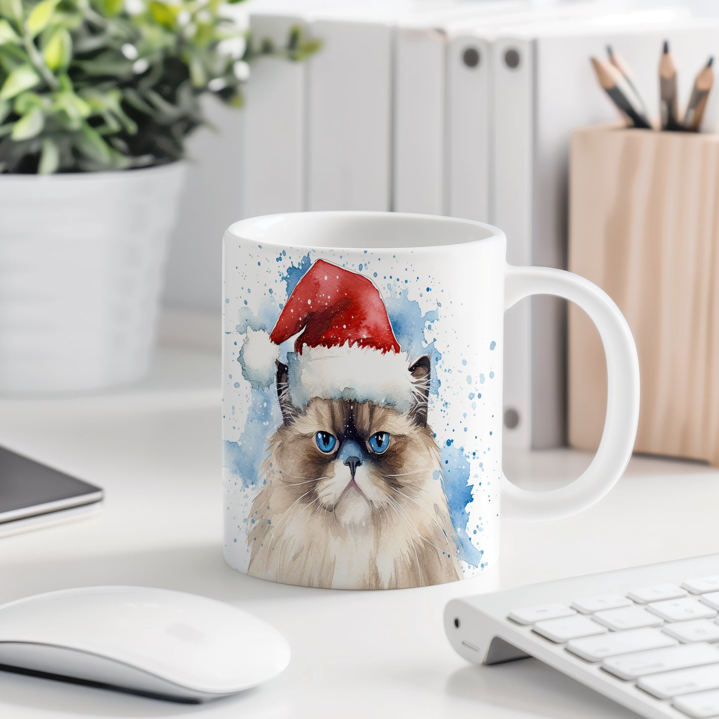 Hrnek s kočkou v čepici Santa – malířským vzhledem