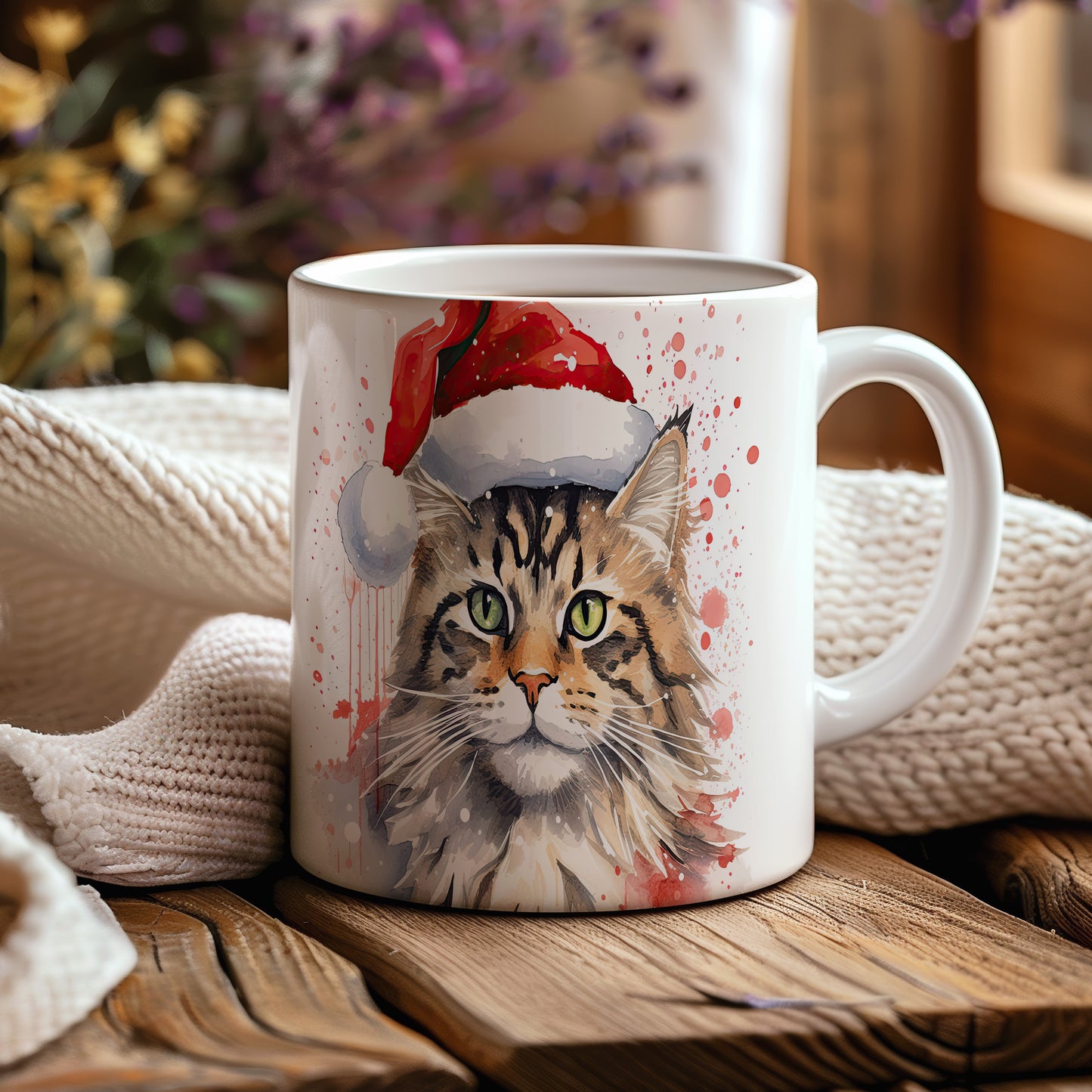 Hrnek s kočkou v Santa klobouku – malířským vzhledem