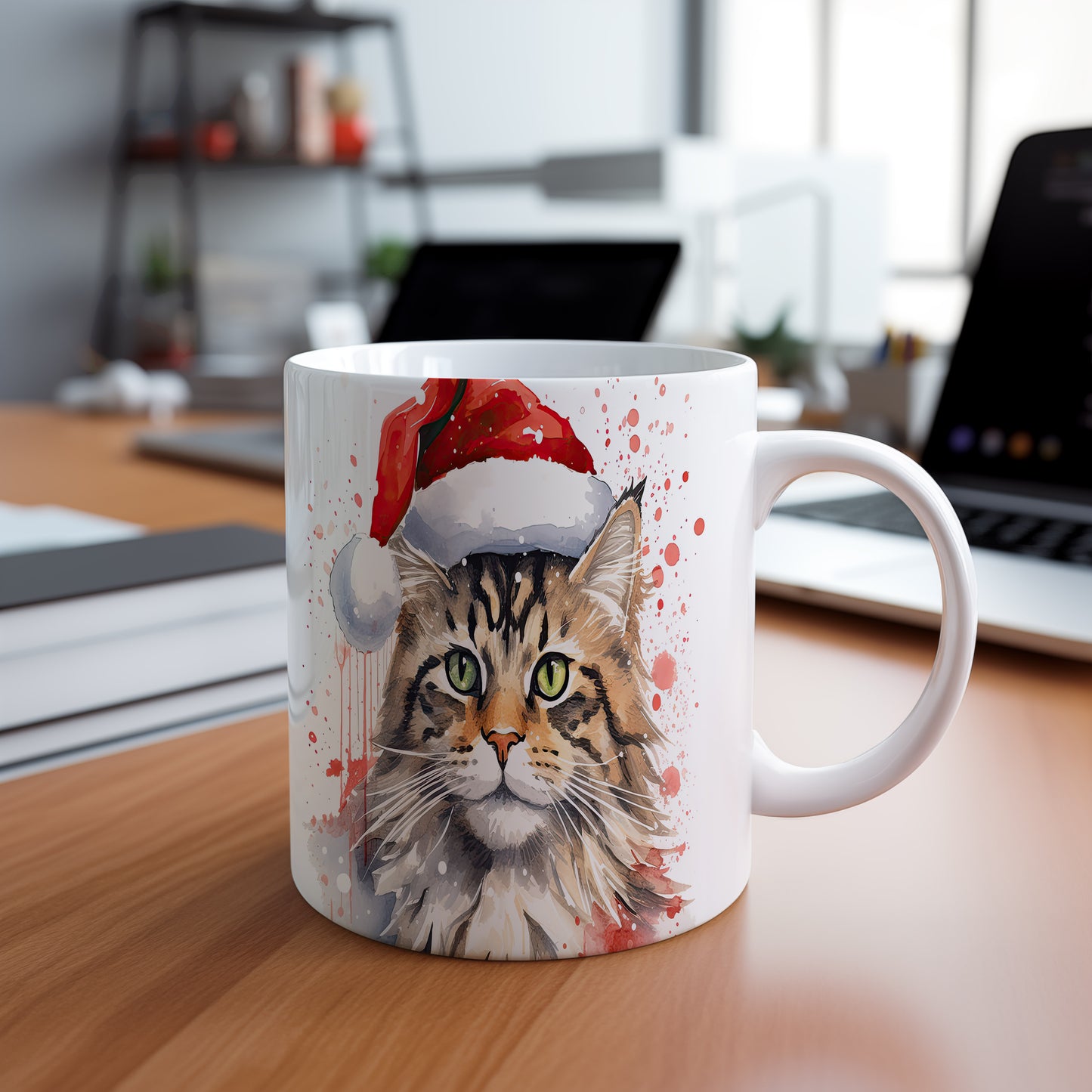 Hrnek s kočkou v Santa klobouku – malířským vzhledem
