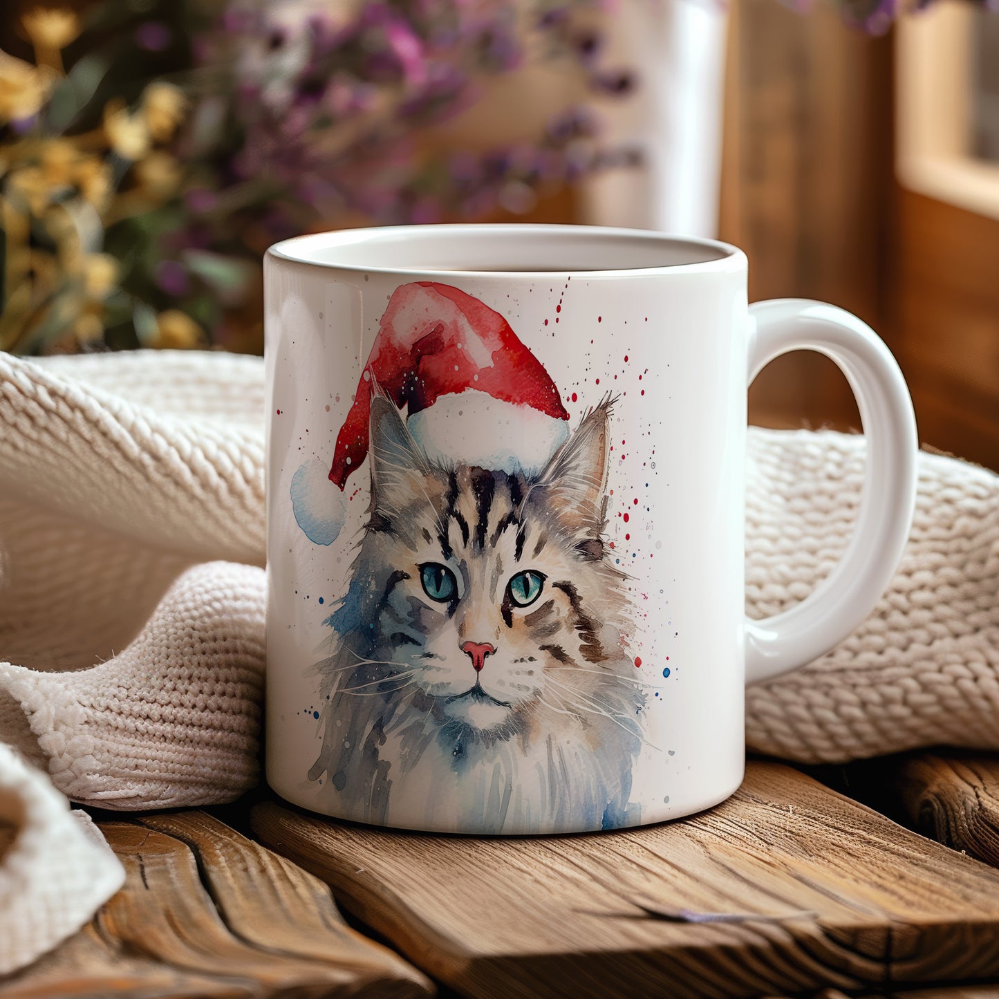 Hrnek s kočkou v čepici Santa – výrazným designem