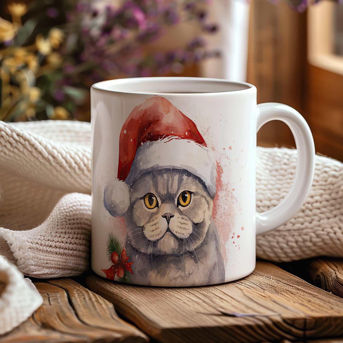 Hrnek s kočkou v Santa klobouku – bílým provedením