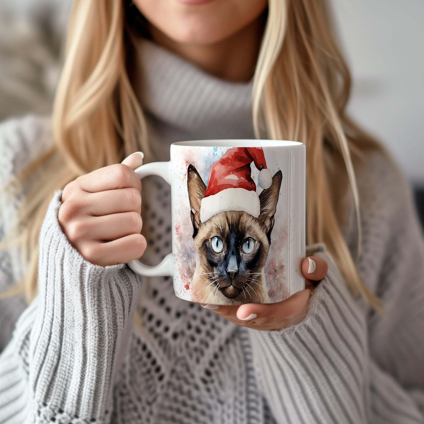 Hrnek s kočkou v Santa klobouku – modrýma očima
