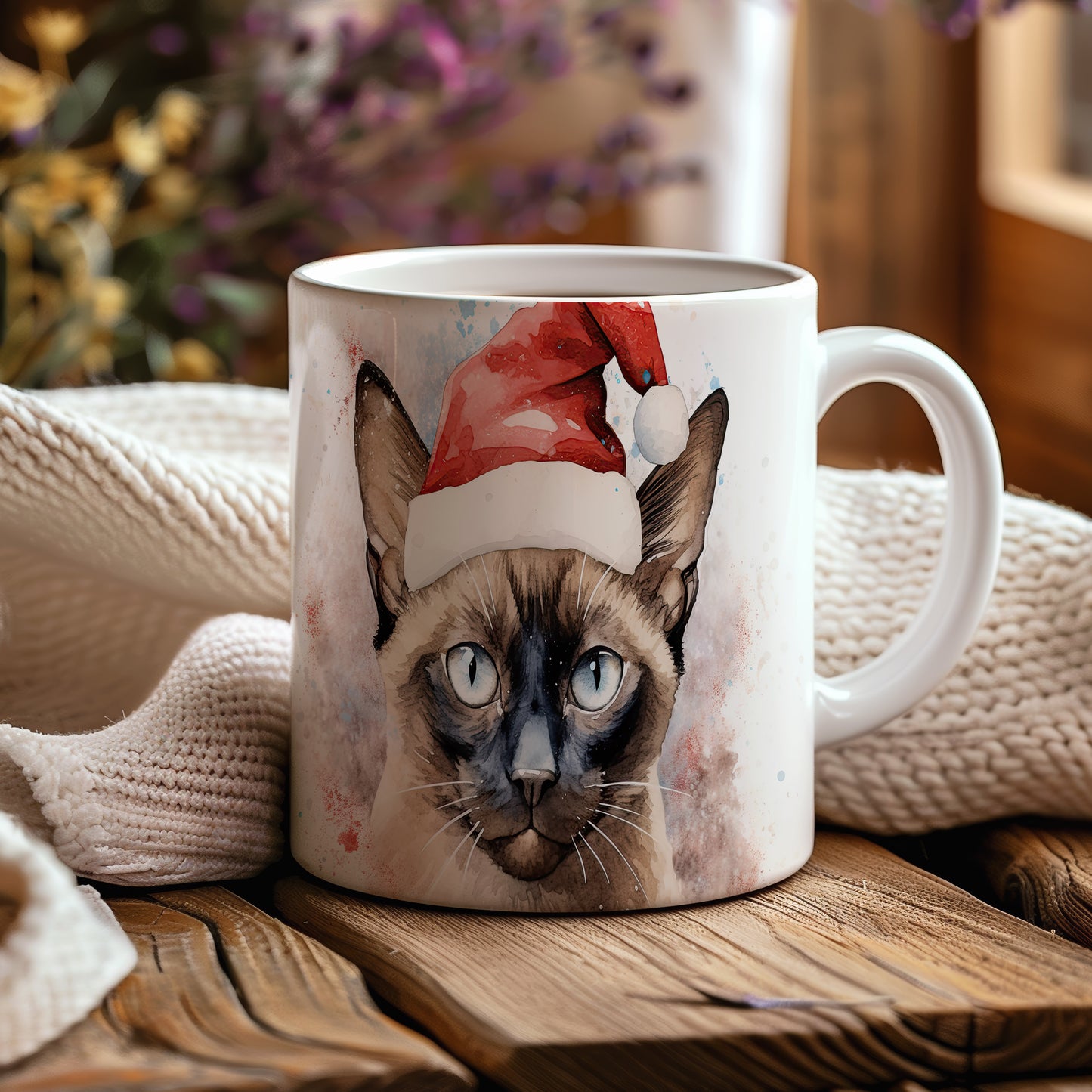 Hrnek s kočkou v Santa klobouku – modrýma očima