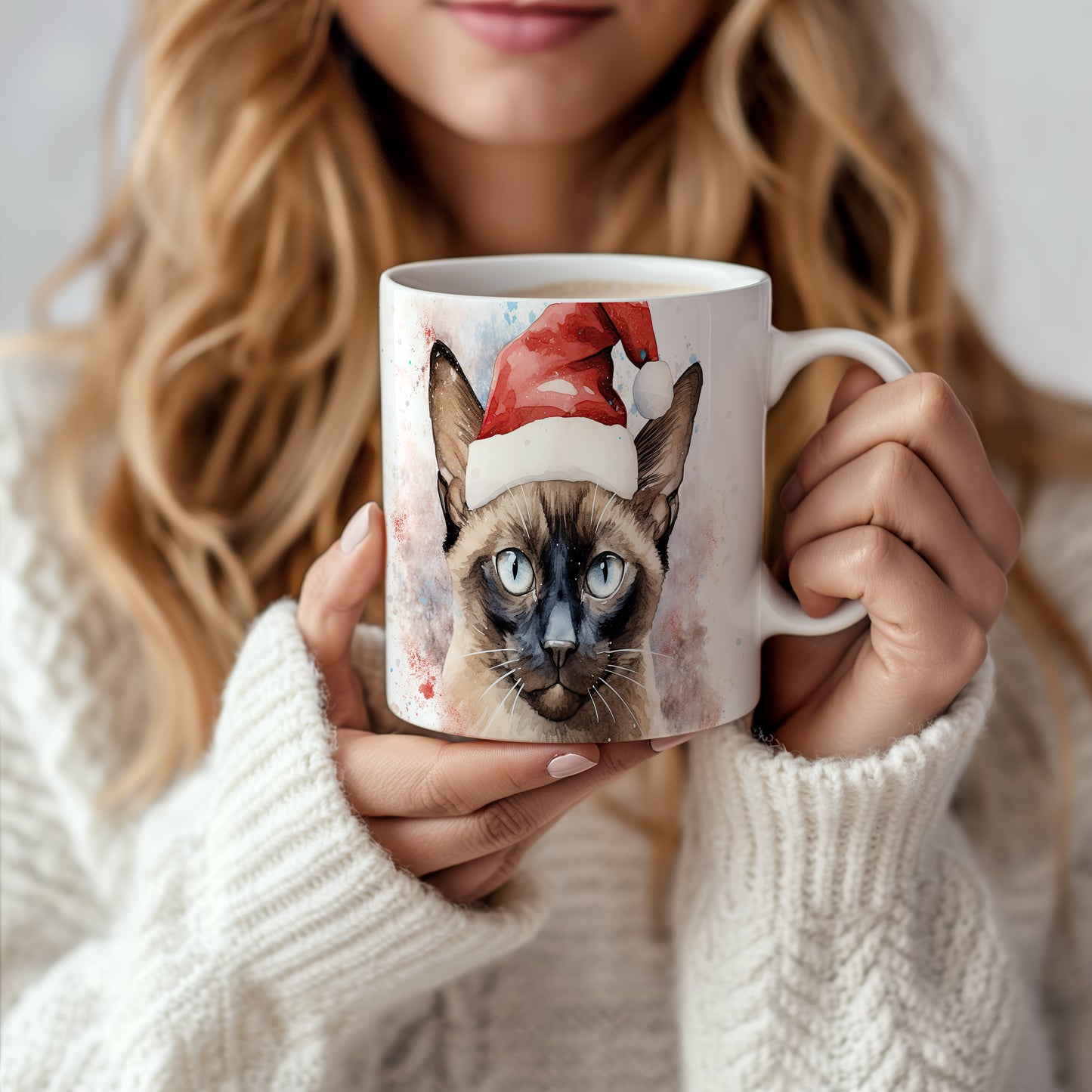 Hrnek s kočkou v Santa klobouku – modrýma očima