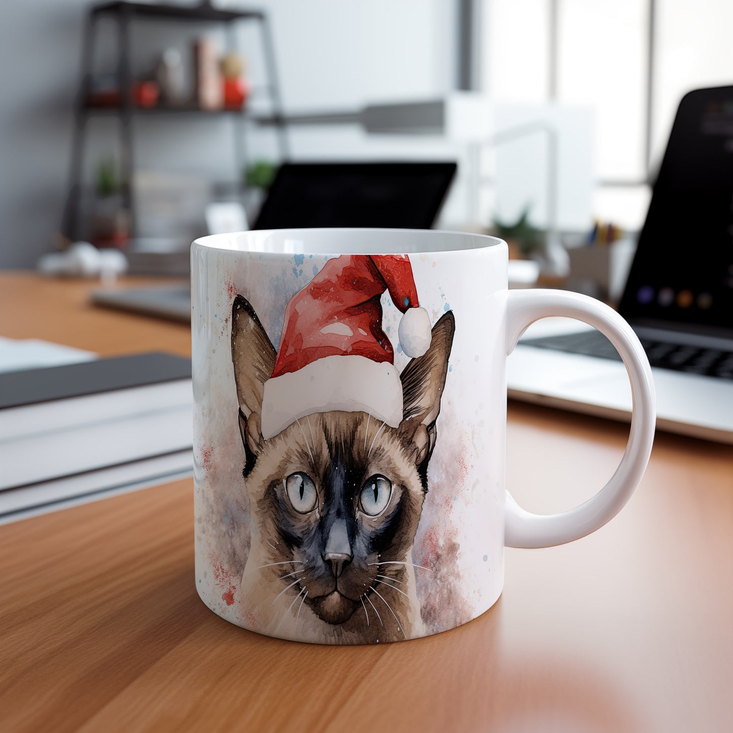 Hrnek s kočkou v Santa klobouku – modrýma očima