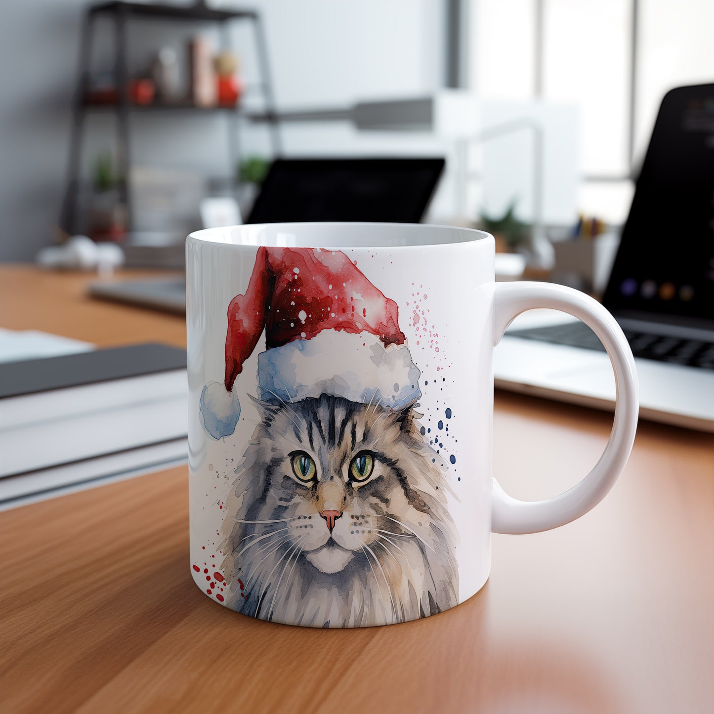Hrnek s kočkou v čepici Santa Claus – černobílým motivem