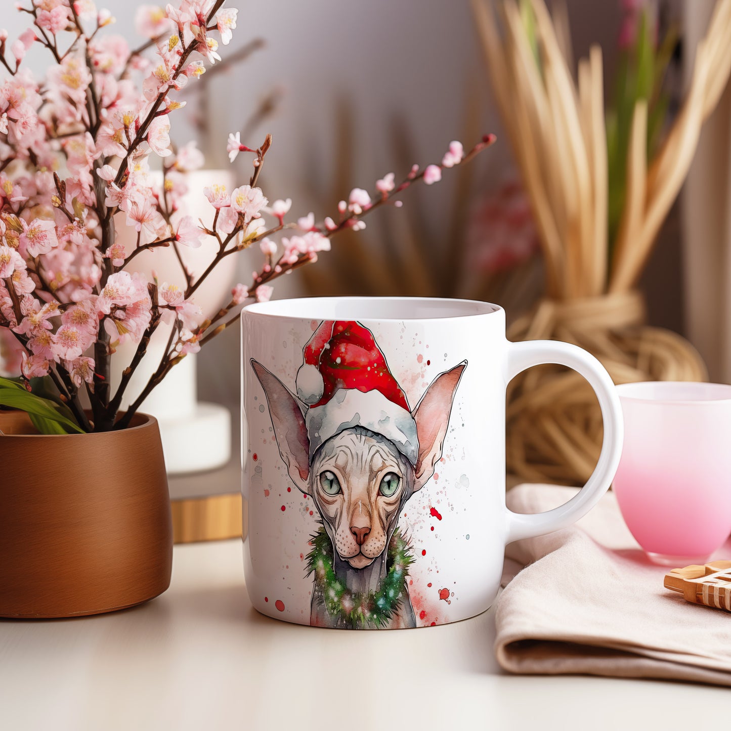 Hrnek se Sphynxem v Santa čepici