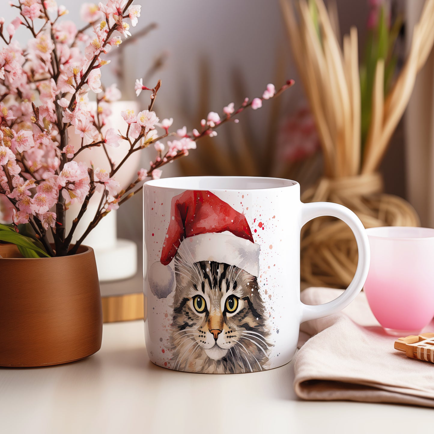 Hrnek s kočkou v čepici Santa – limitovaným vzhledem