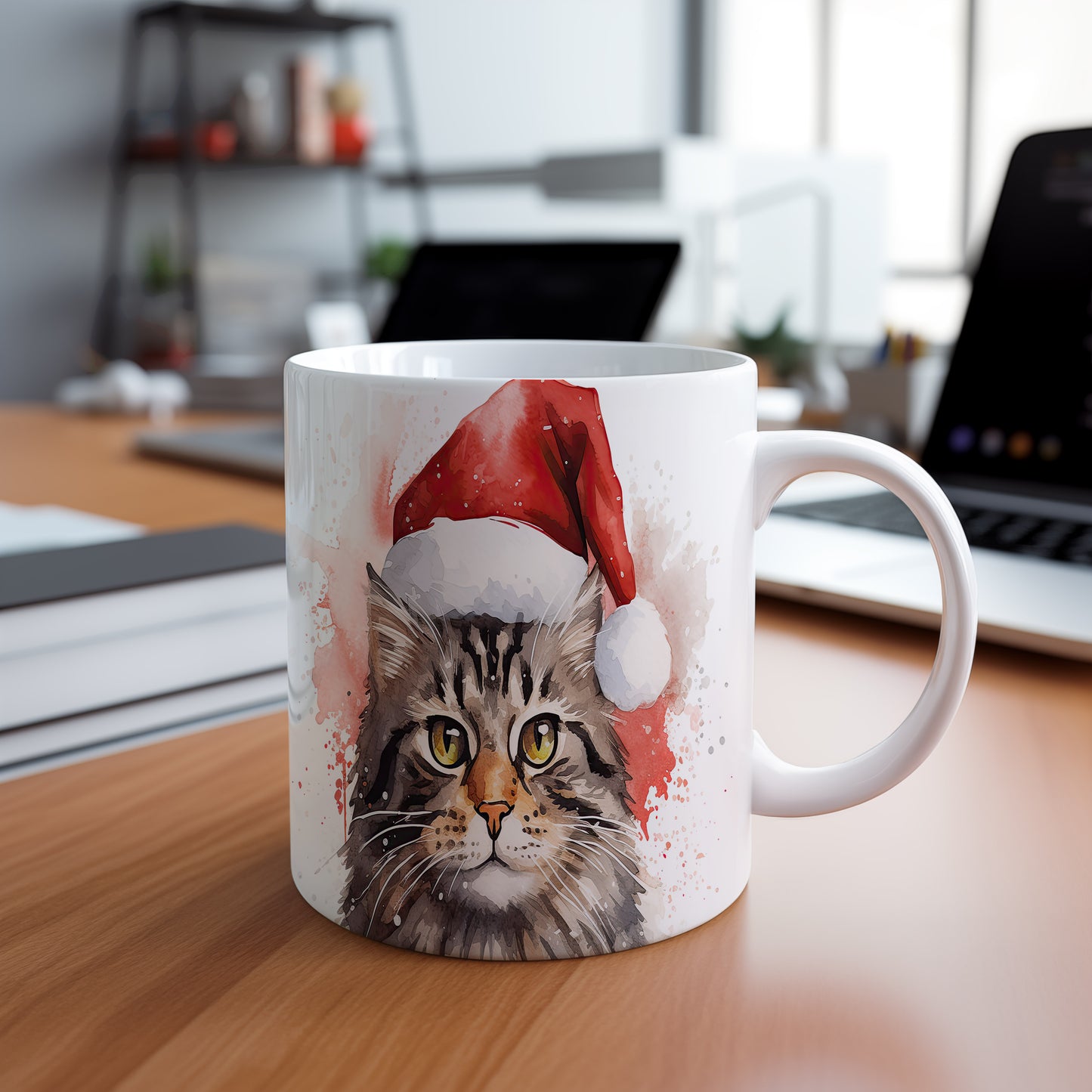 Hrnek s kočkou v Santa klobouku – výrazným designem