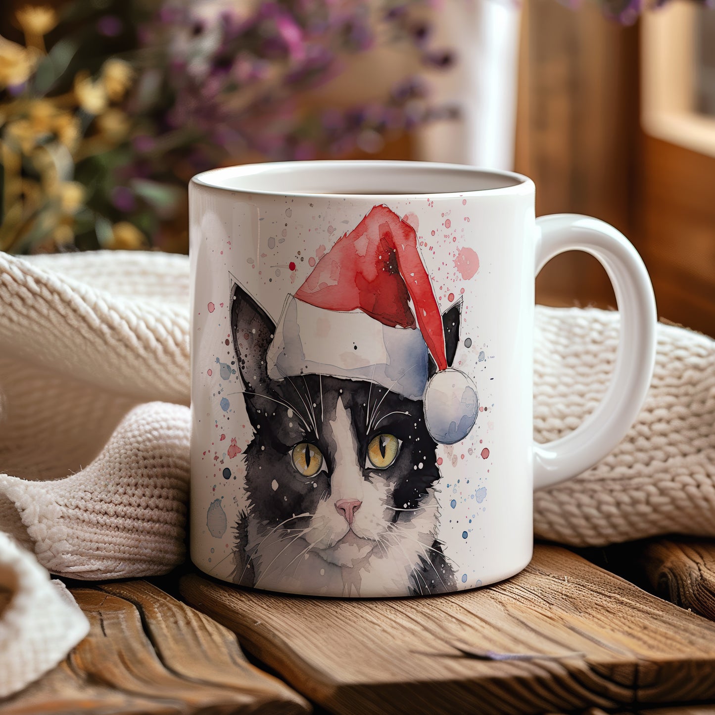 Hrnek s kočkou v čepici Santa a sněhovými vločkami