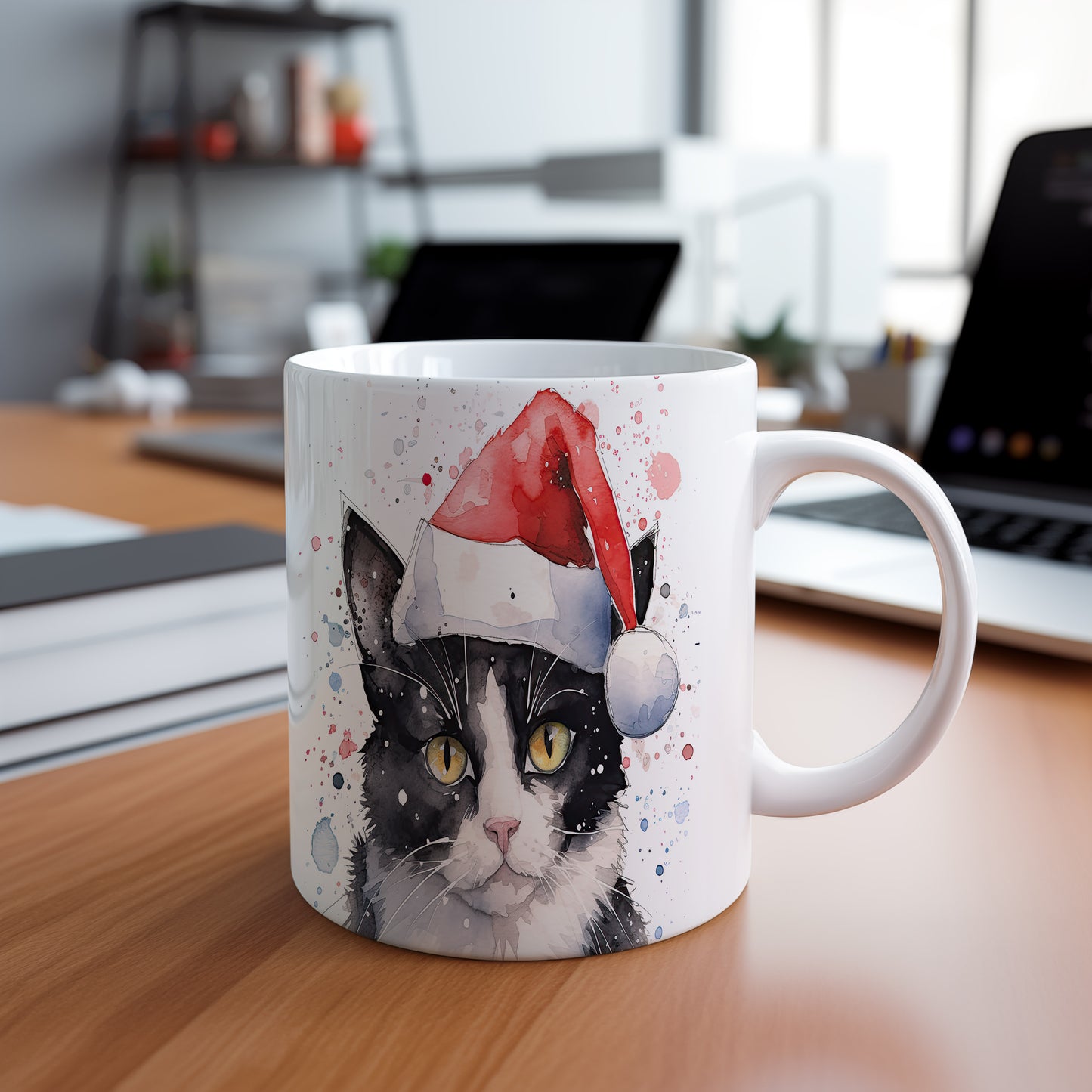 Hrnek s kočkou v čepici Santa a sněhovými vločkami