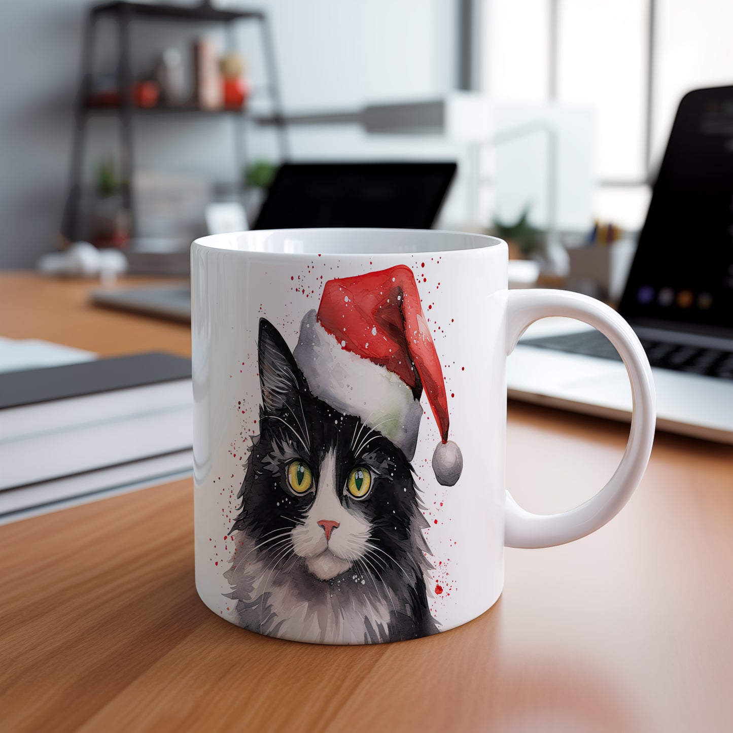 Hrnek s kočkou v Santa klobouku – jemnými detaily