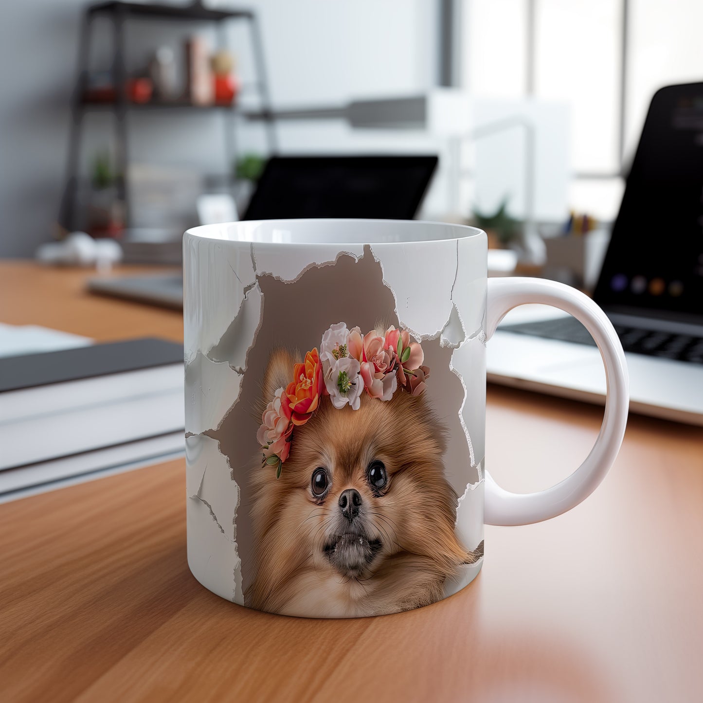 Hrnek s roztomilým pomeranianem – bílým provedením