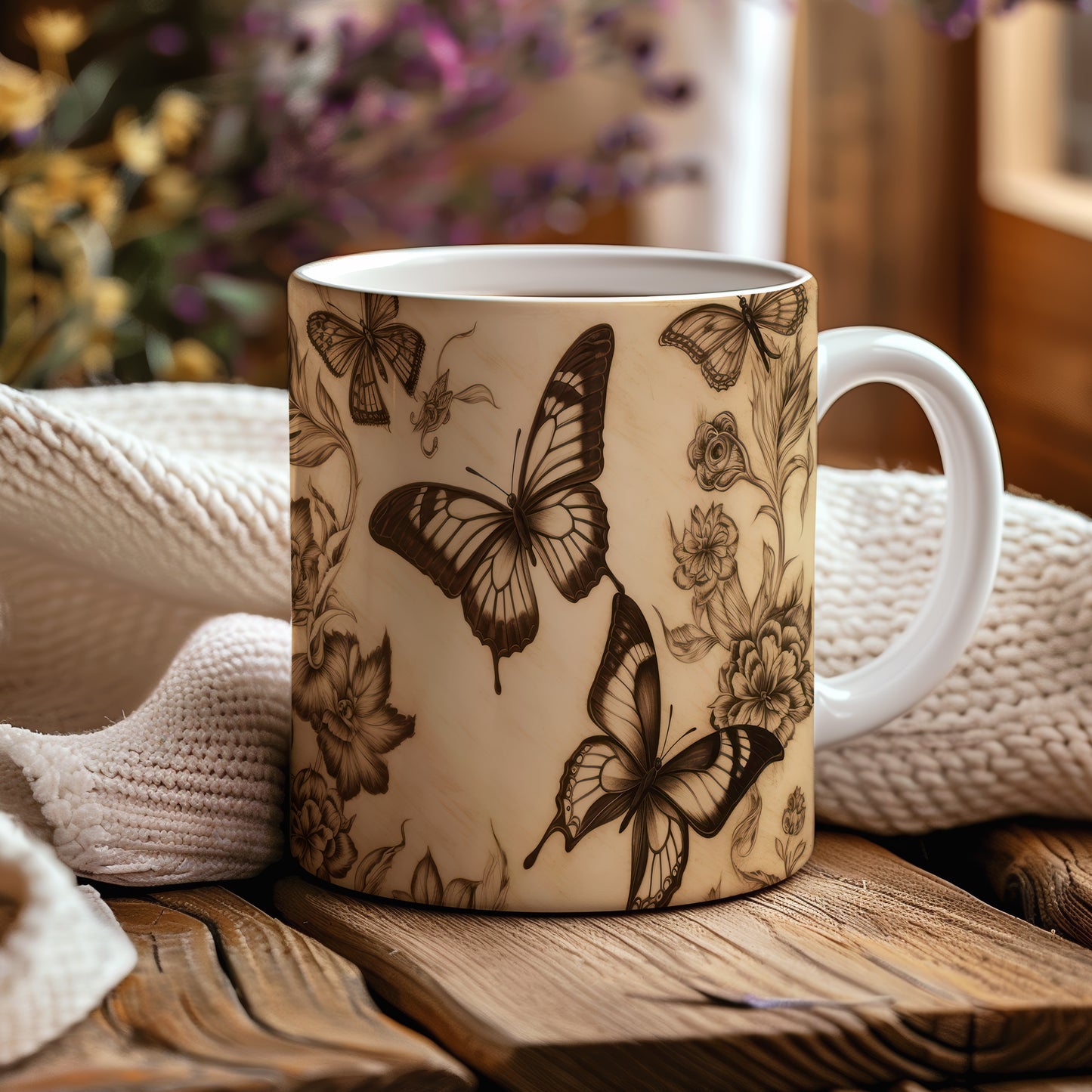 Hrnek s motýly a květinami v béžových tónech – elegantní design