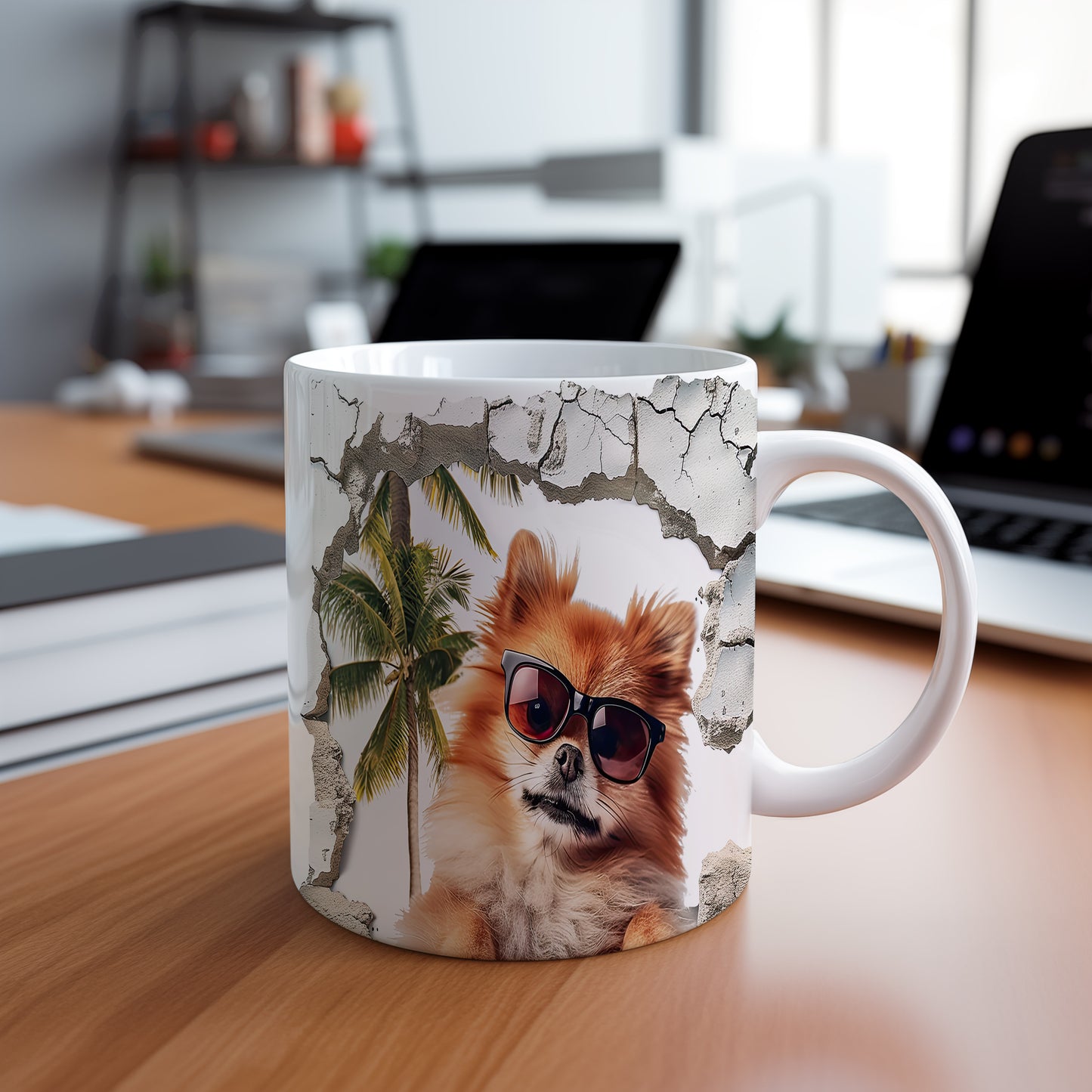 Hrnek s roztomilým pomeranianem v slunečních brýlích