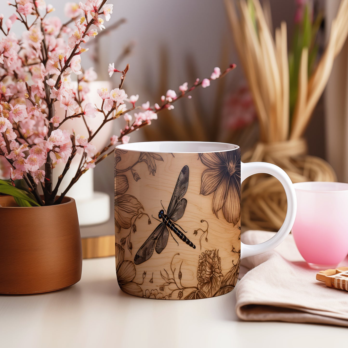 Hrnek s elegantní vážkou a květinovými motivy v přírodním stylu