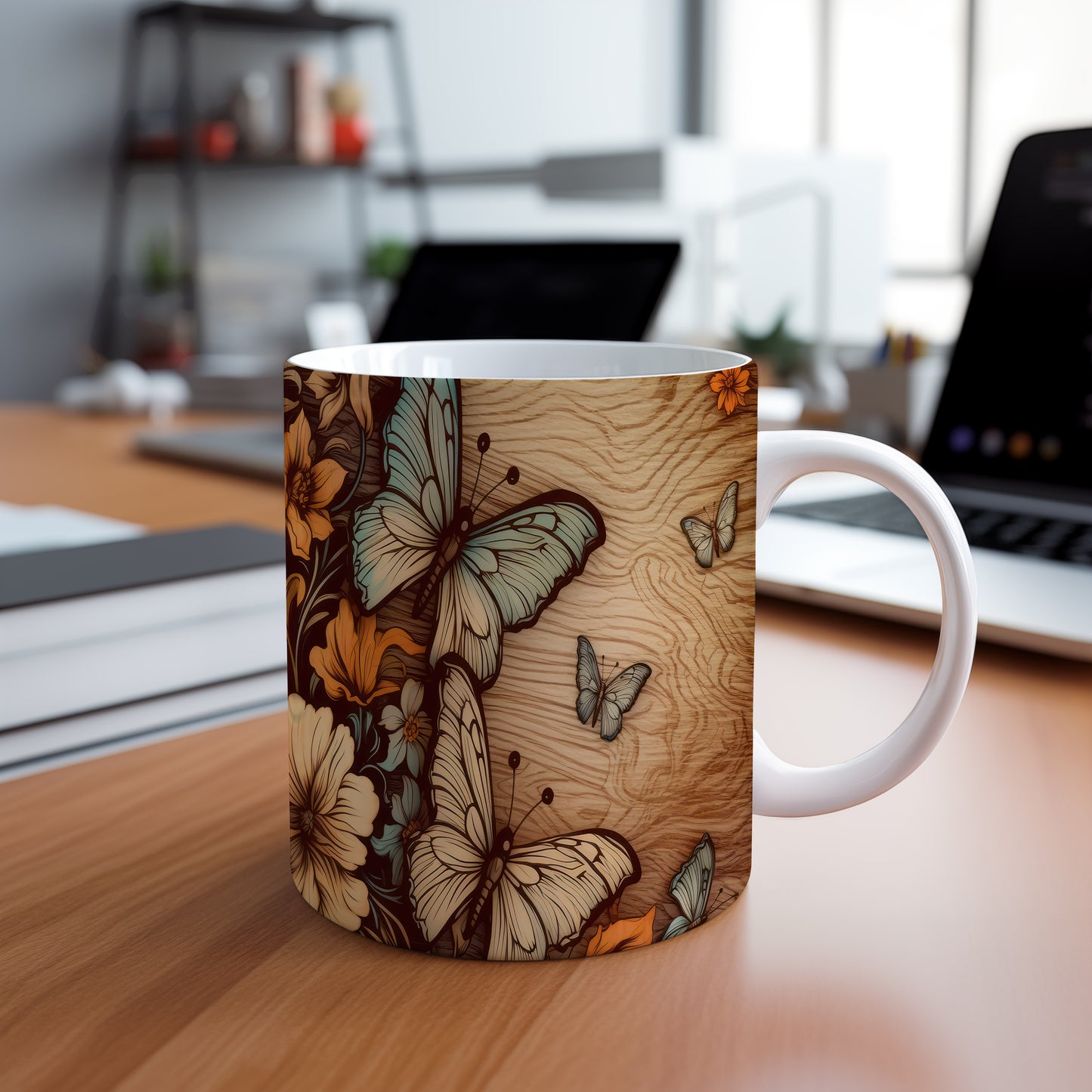 Hrnek s motýly a květinami v přírodním stylu