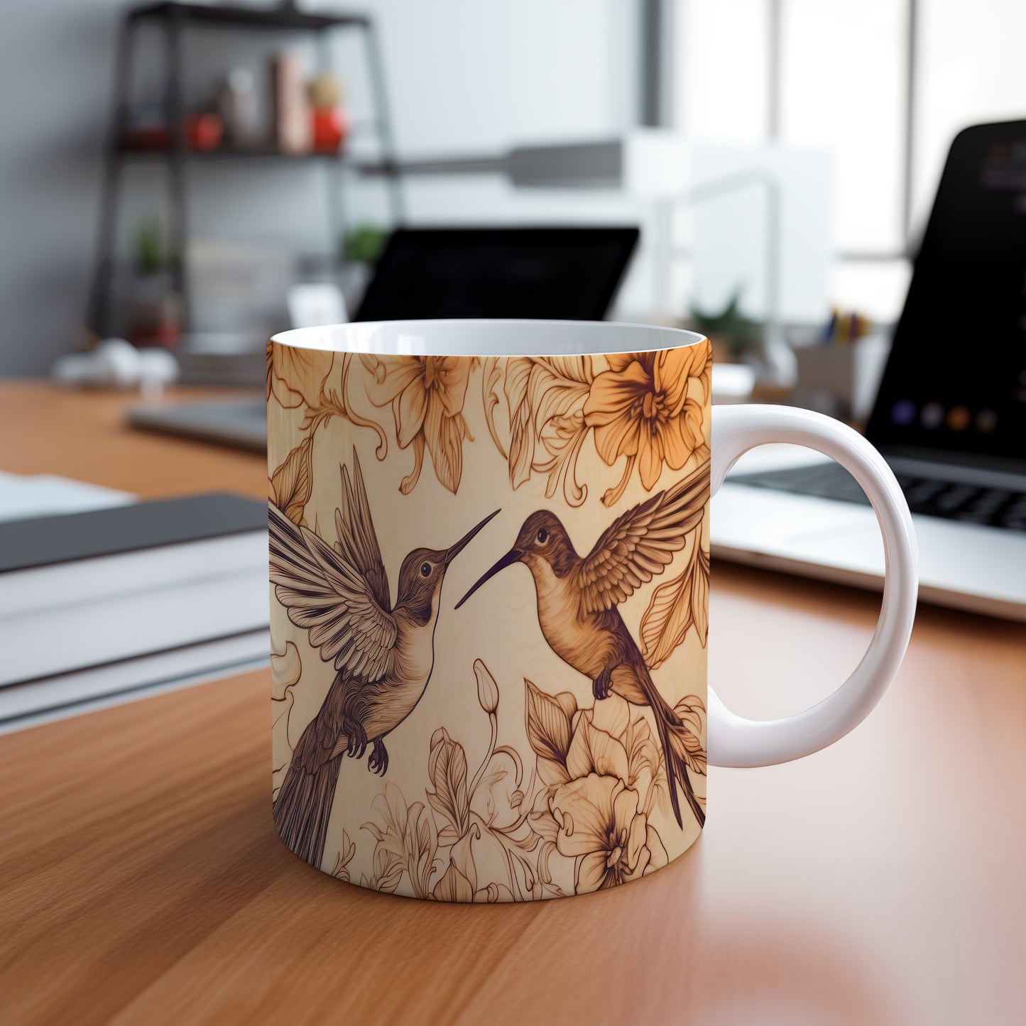 Hrnek s kolibříky a květinovým motivem