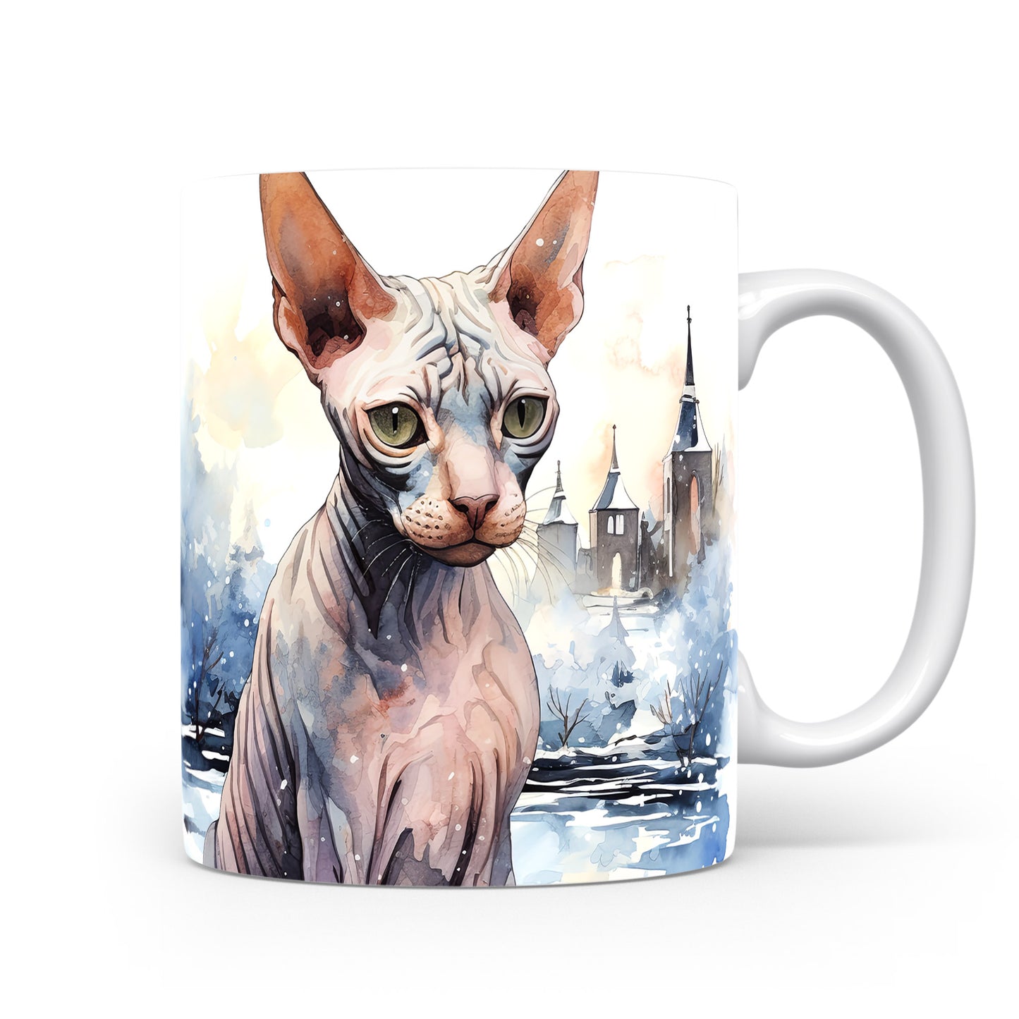 Hrnek se sphynx kočkou v zasněžené krajině
