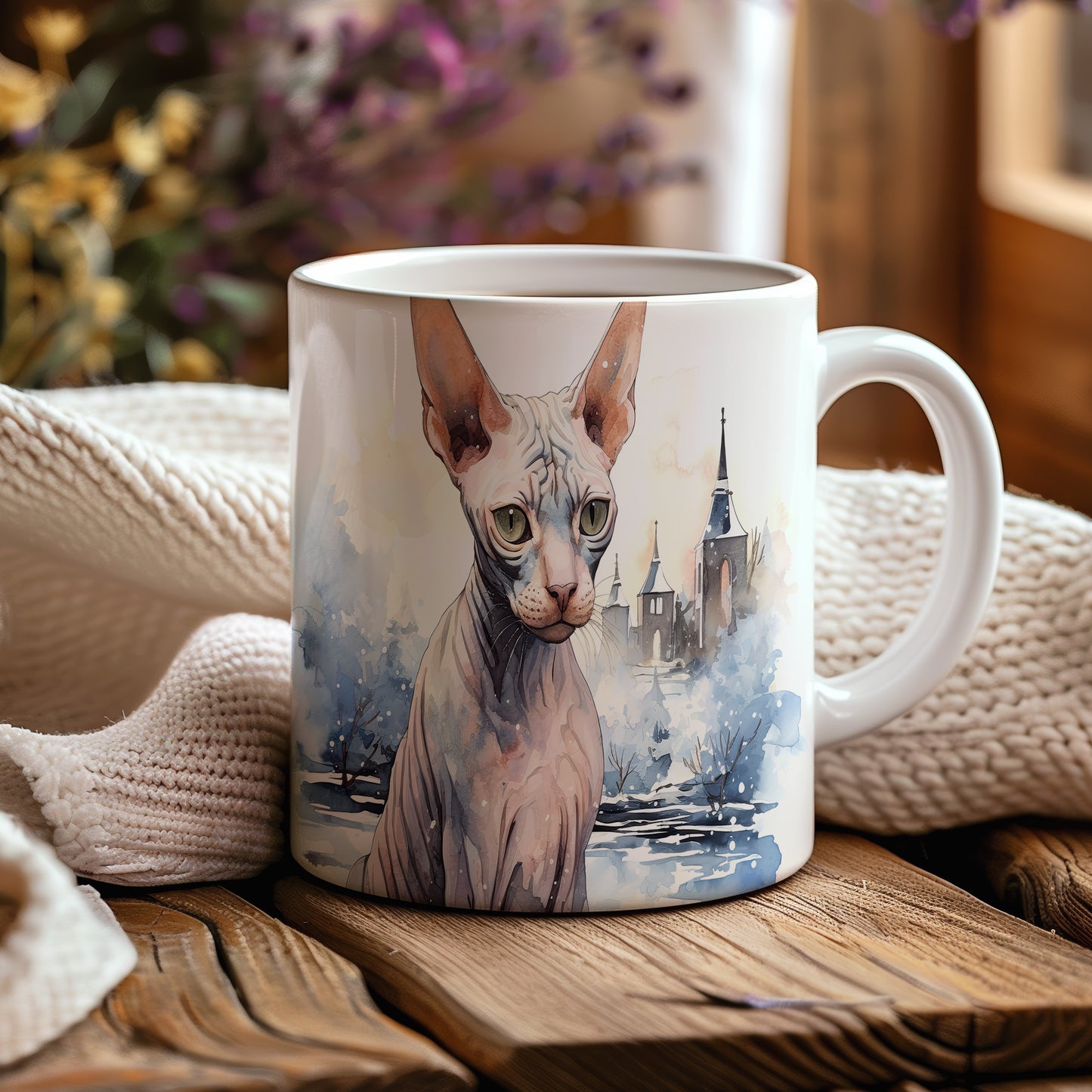 Hrnek se sphynx kočkou v zasněžené krajině