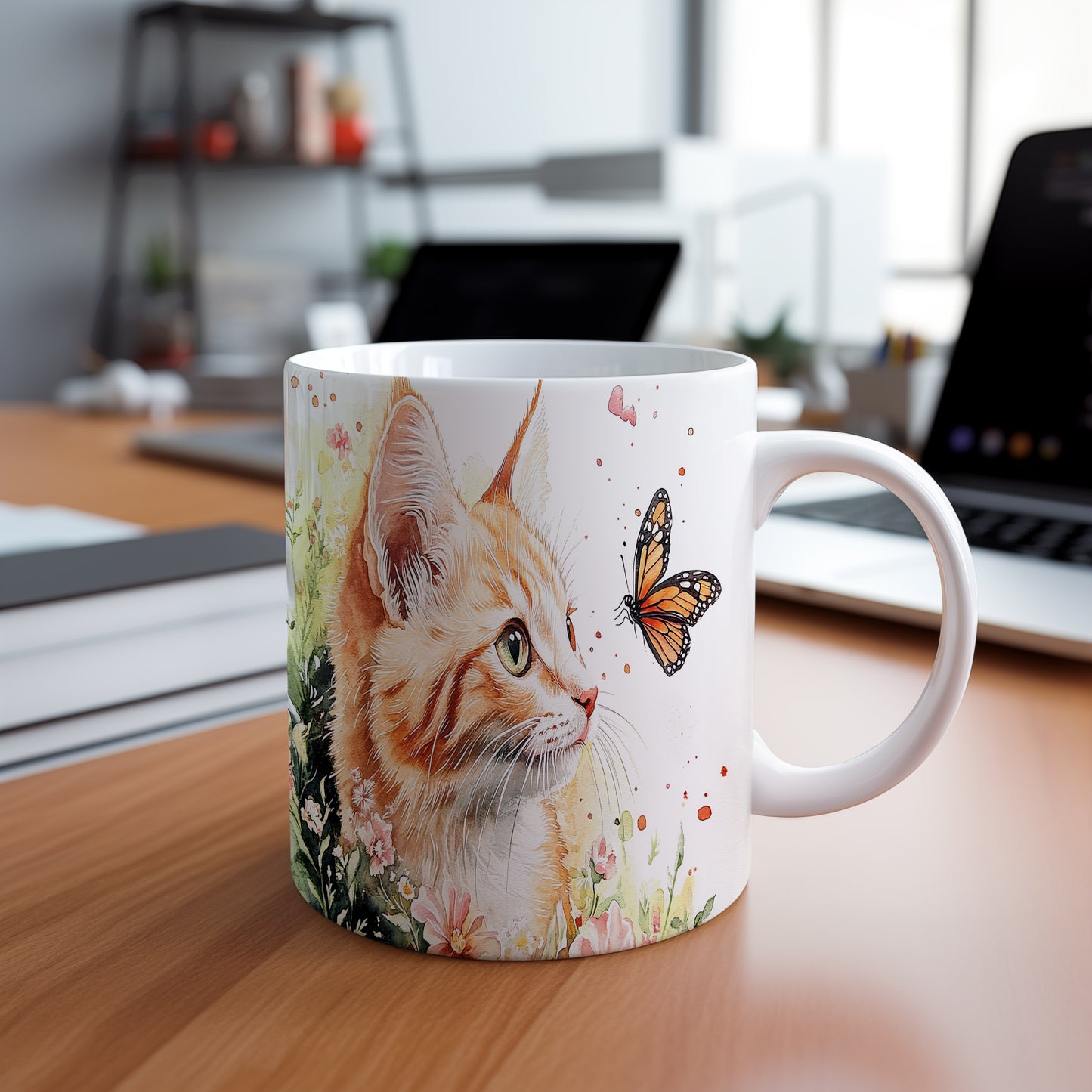 Hrnek s kočkou a motýlem – černobílým motivem