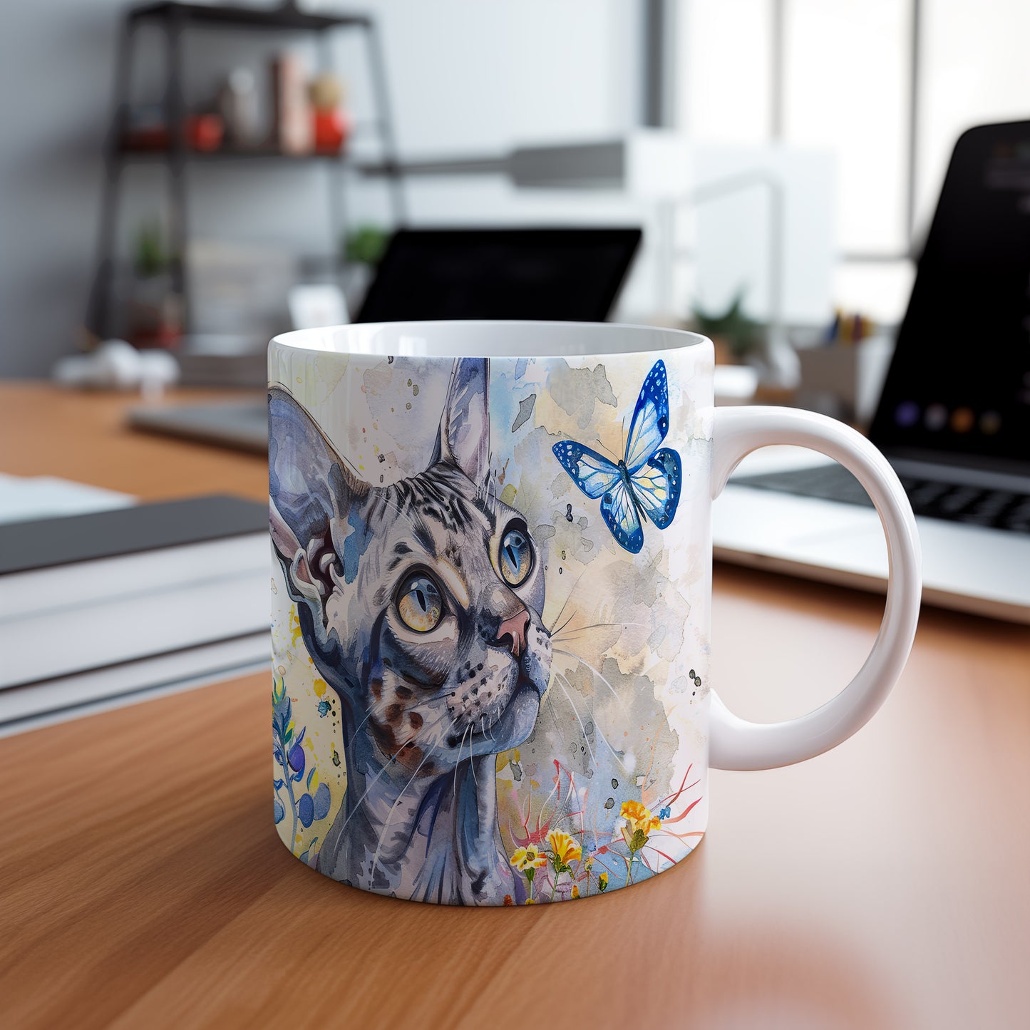 Hrnek s kočkou a motýlem – malířským vzhledem