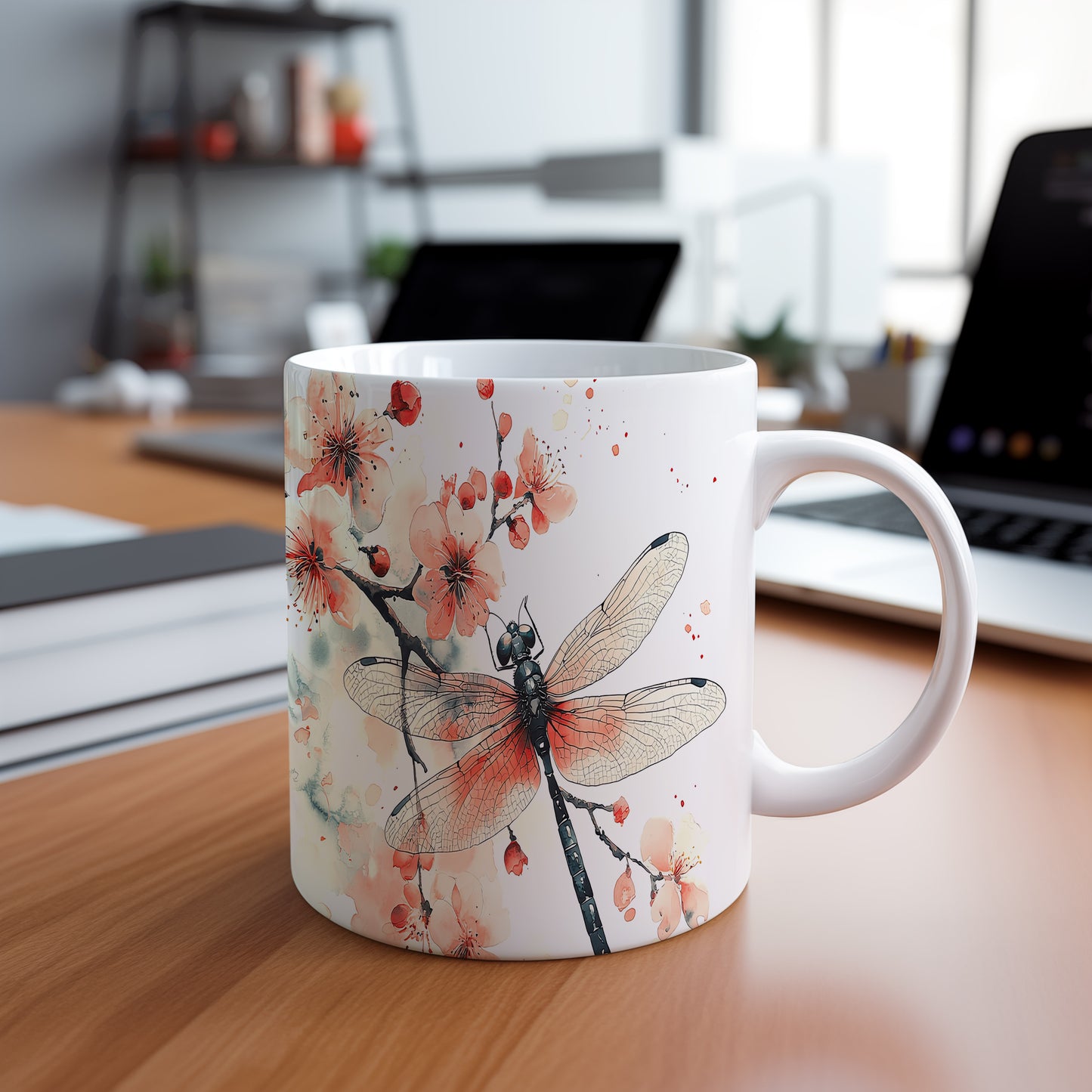 Hrnek s vážkou a květy