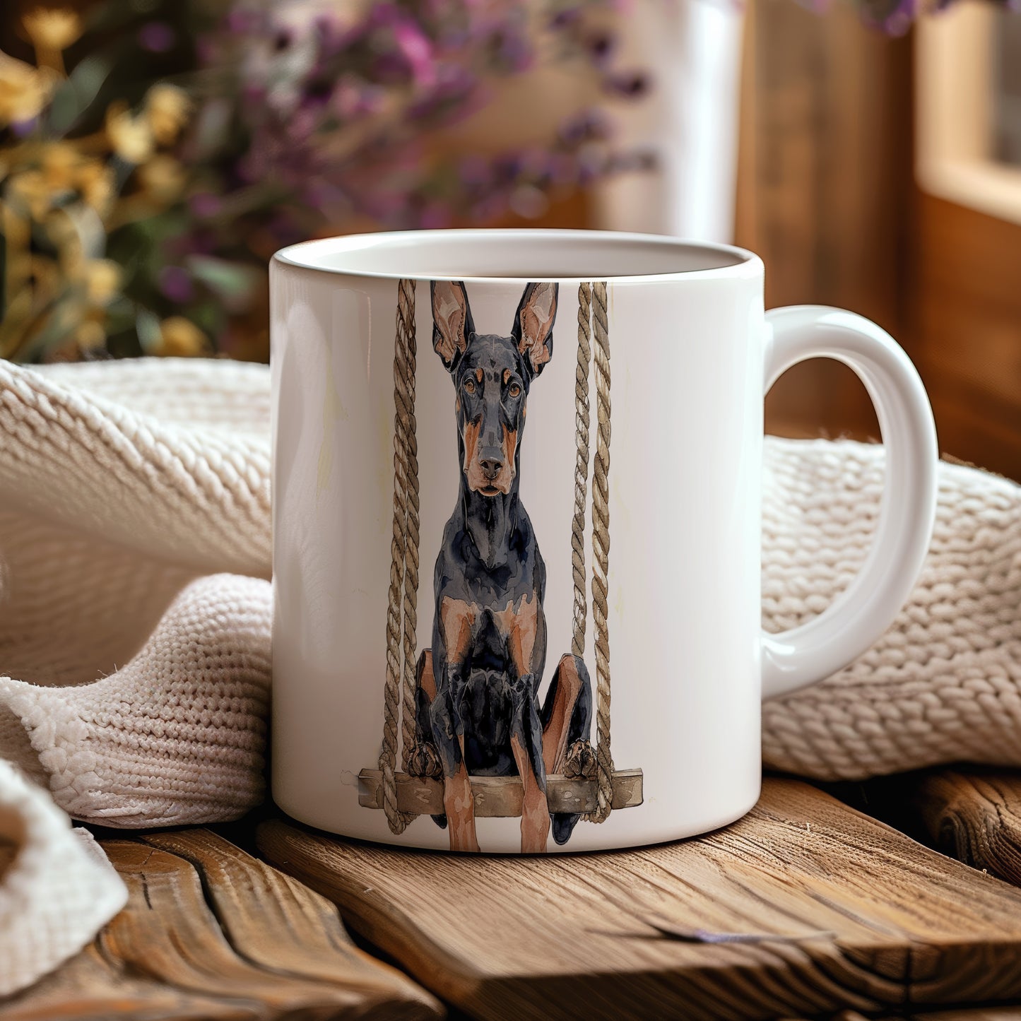 Hrnek s dobromyslným dobermanem v hnědých tónech