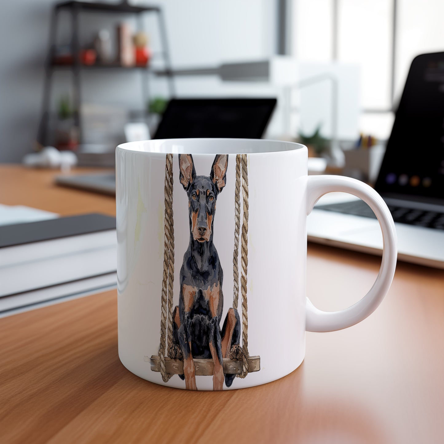 Hrnek s dobromyslným dobermanem v hnědých tónech