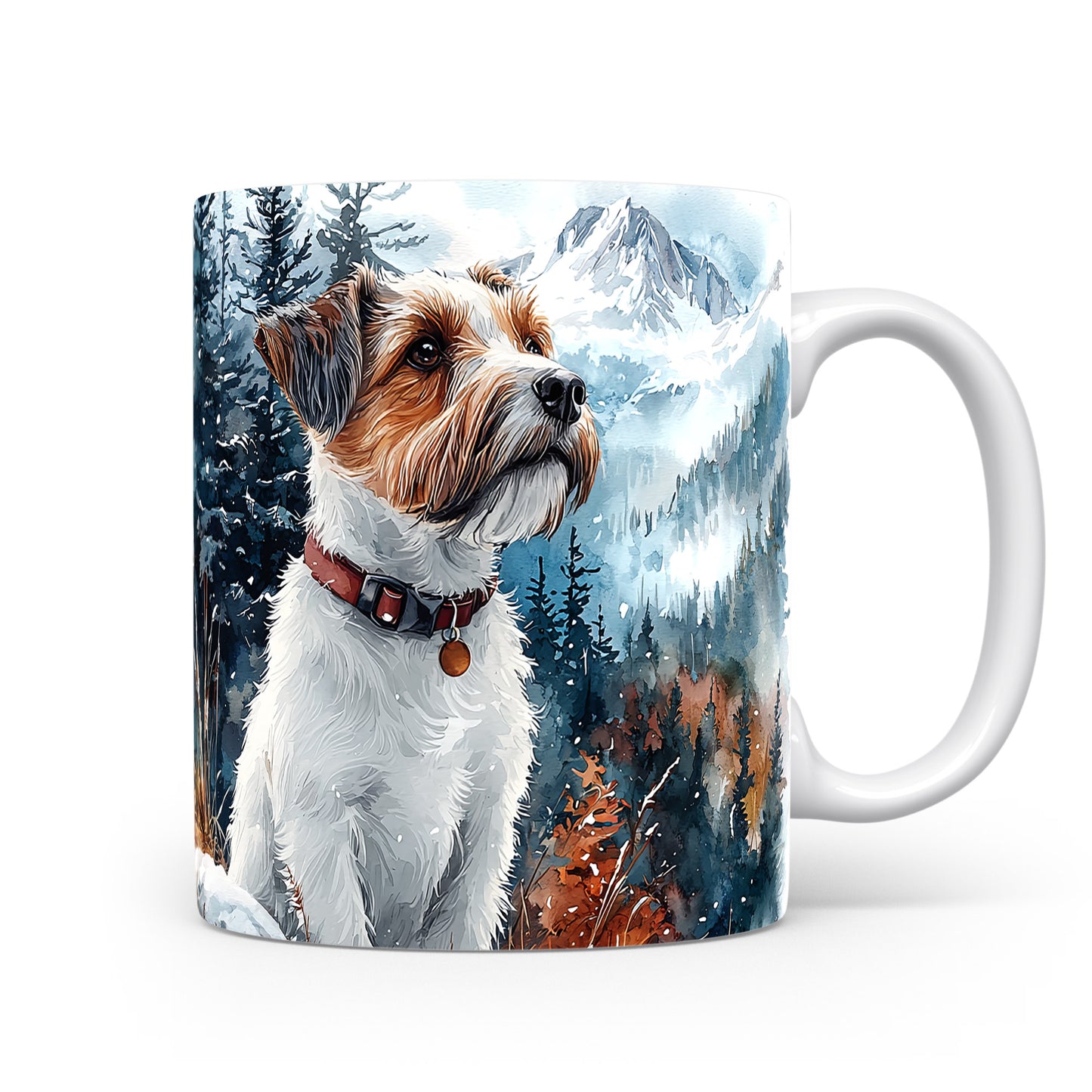 Hrnek s Jack russell teriérem v horské krajině
