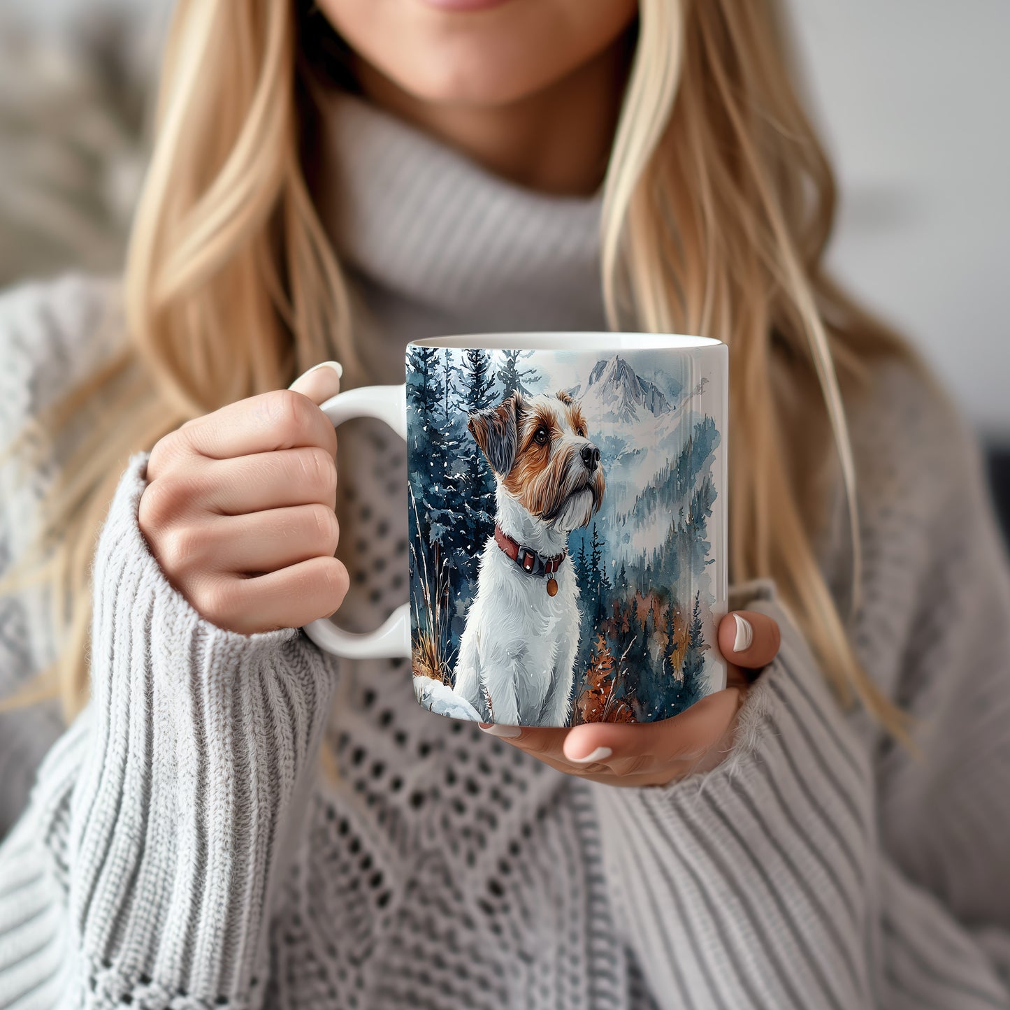 Hrnek s Jack russell teriérem v horské krajině